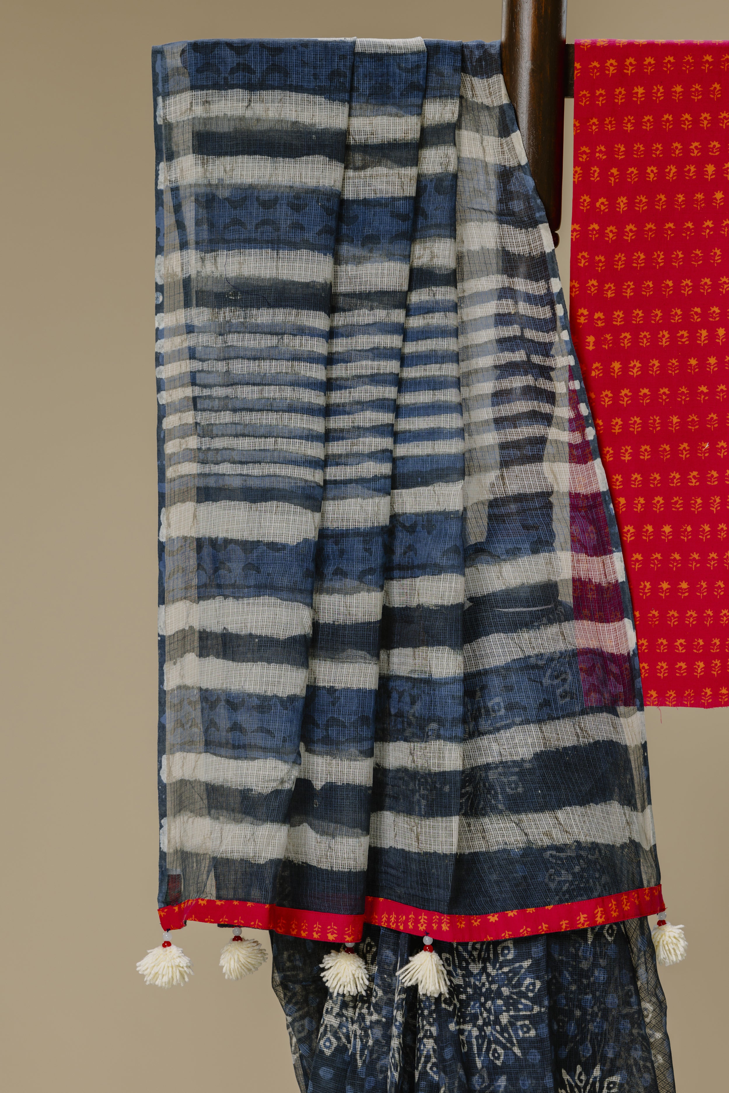 Indigo Kota Doria Saree with Rani Pink Blouse