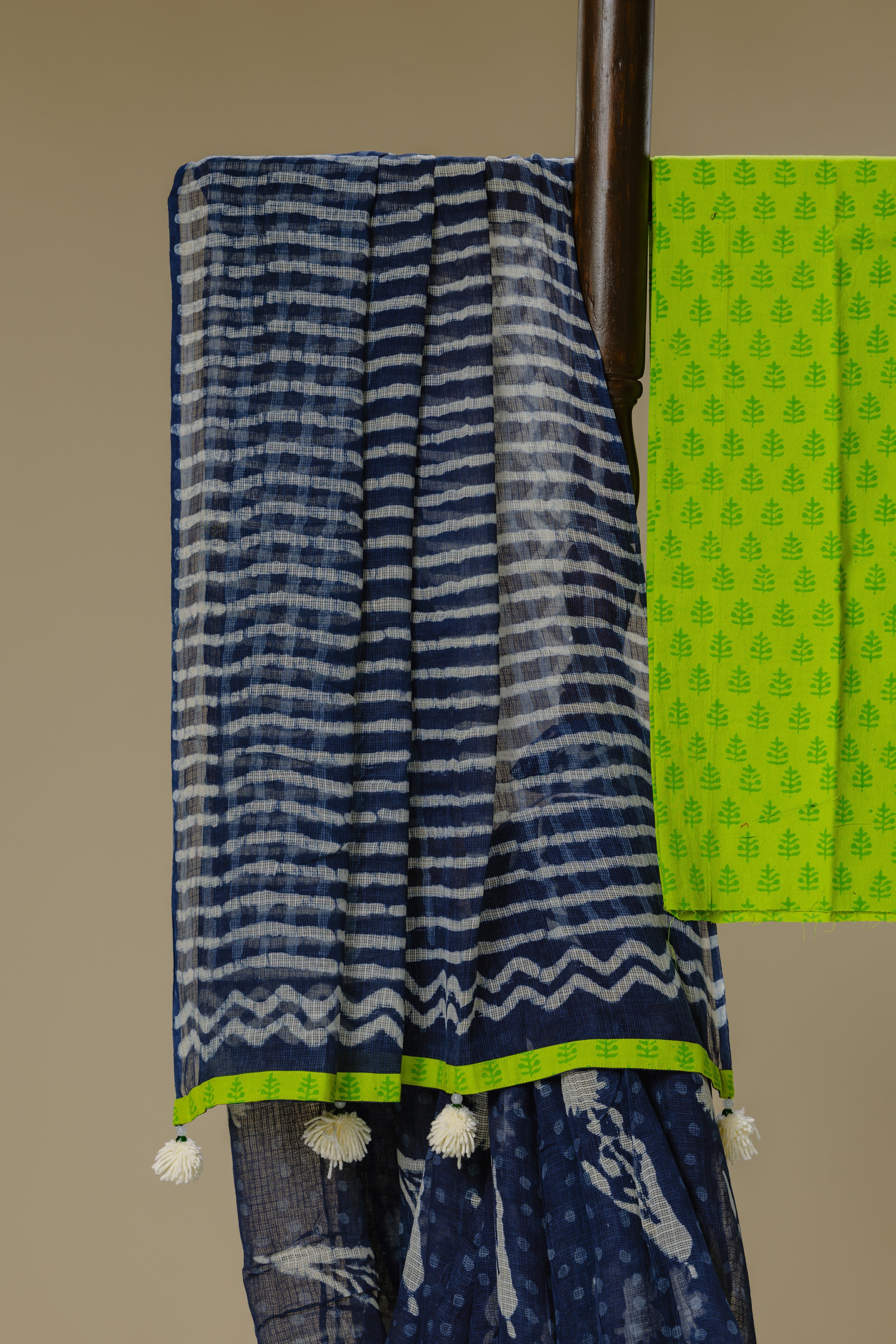 Handwoven Indigo Saree with Green Blouse & Tassels