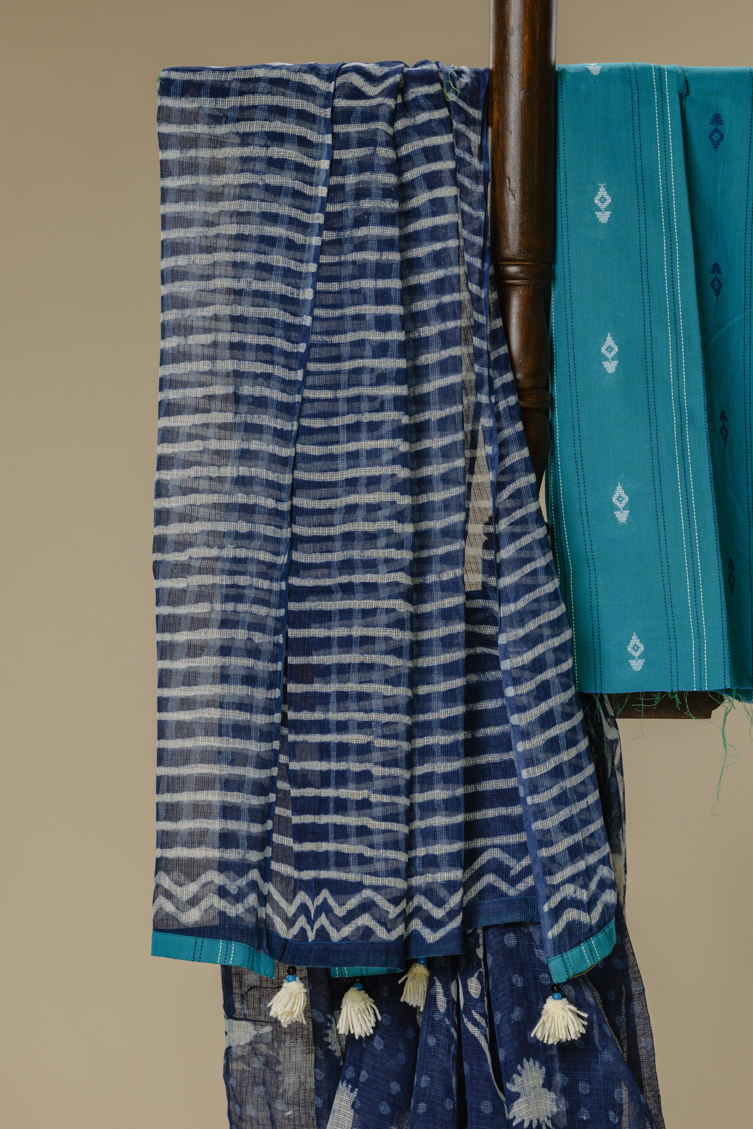 Indigo Kota Doria Saree with Teal Blouse