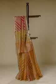 Chikoo Silk Leharia Saree with Golden Border