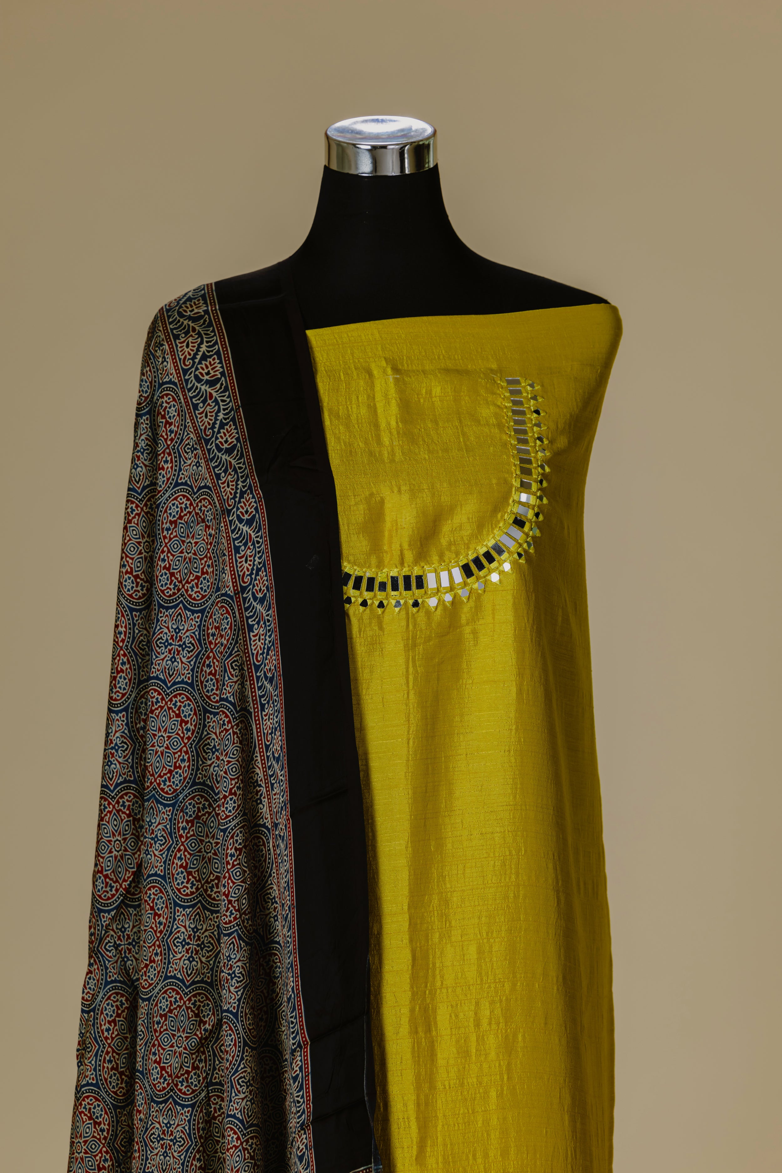 Dusky Yellow Top with Black Ajrakh Dupatta