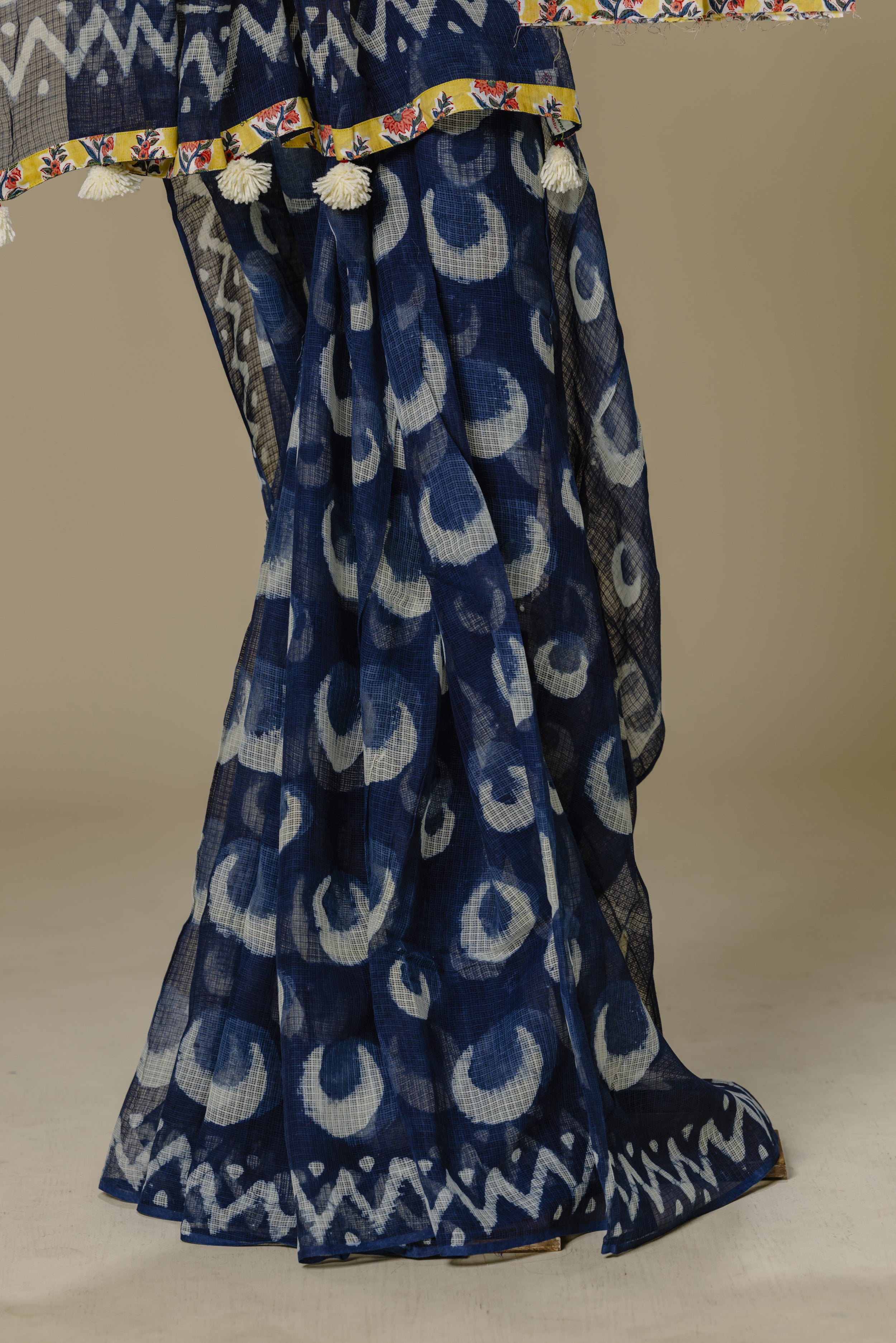 Indigo Kota Doria Saree with Light Yellow Blouse