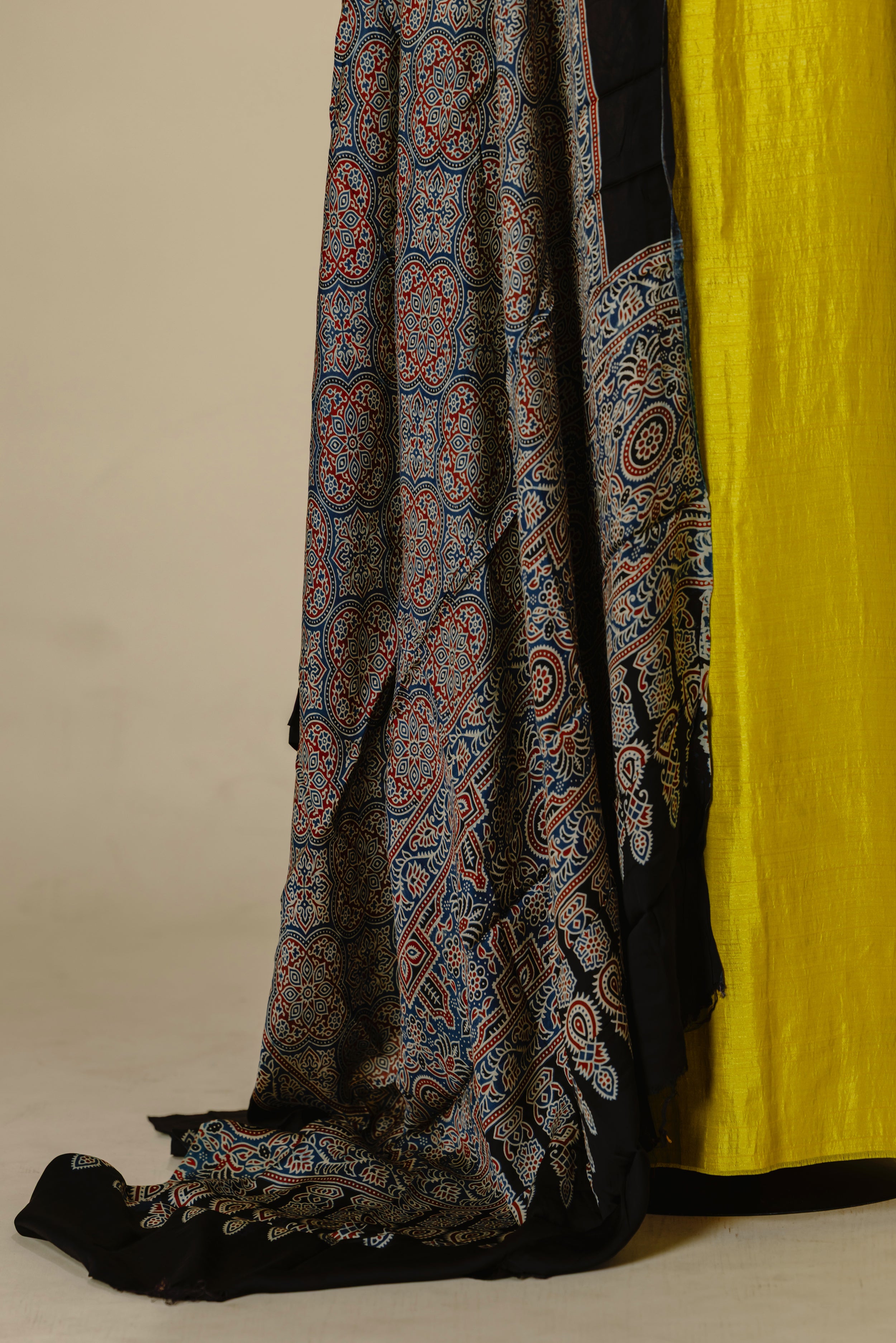 Dusky Yellow Top with Black Ajrakh Dupatta