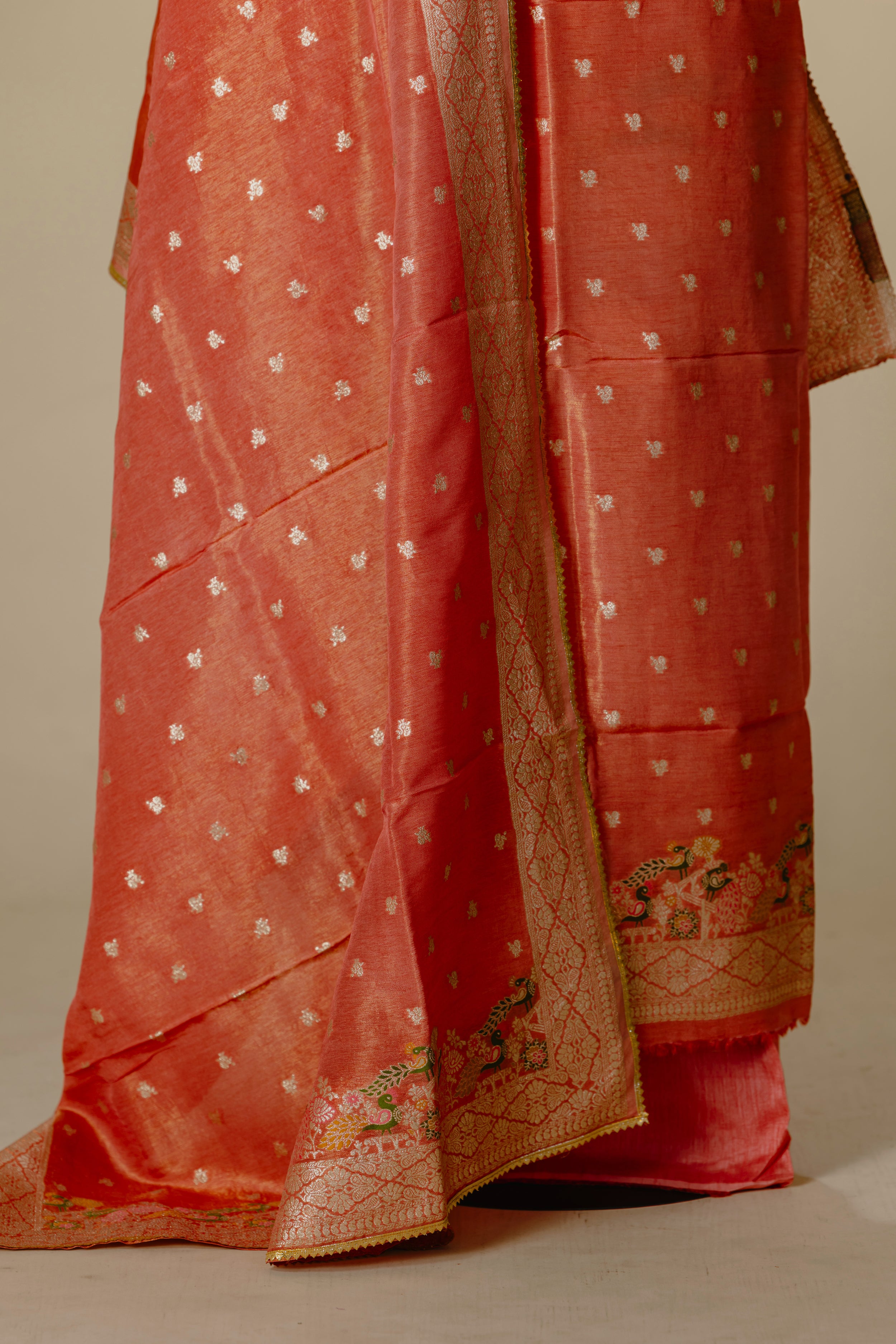 Peach Orange Tissue Banaras Suit with Dupatta & Bottom