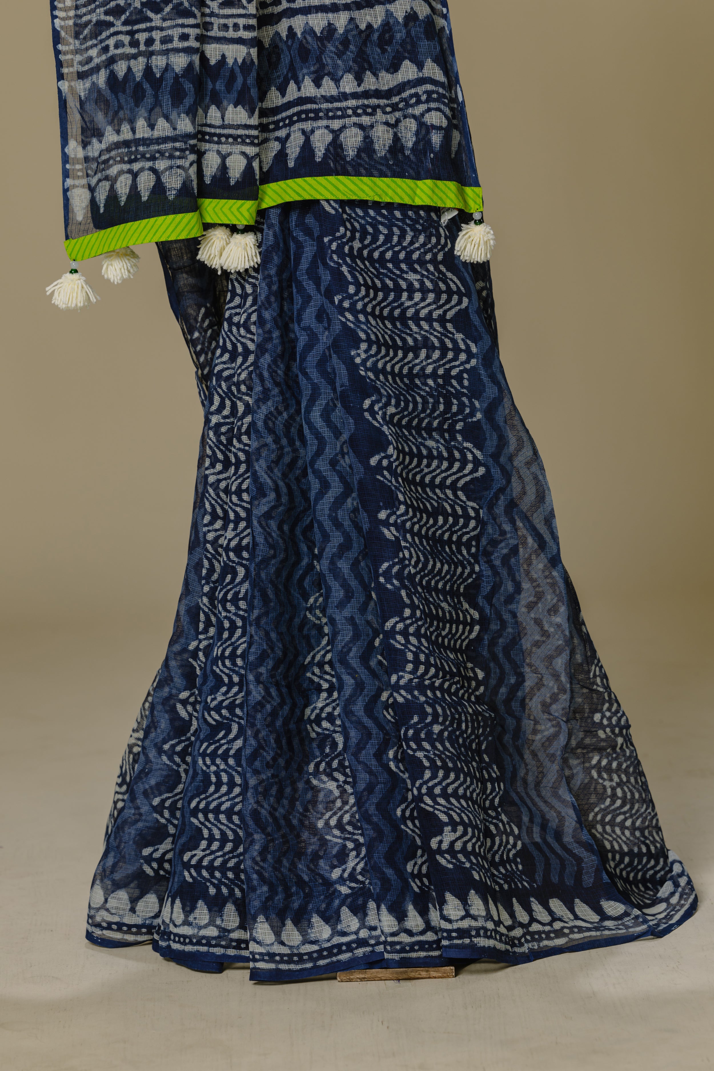 Indigo Kota Doria Saree with Parrot Green Blouse