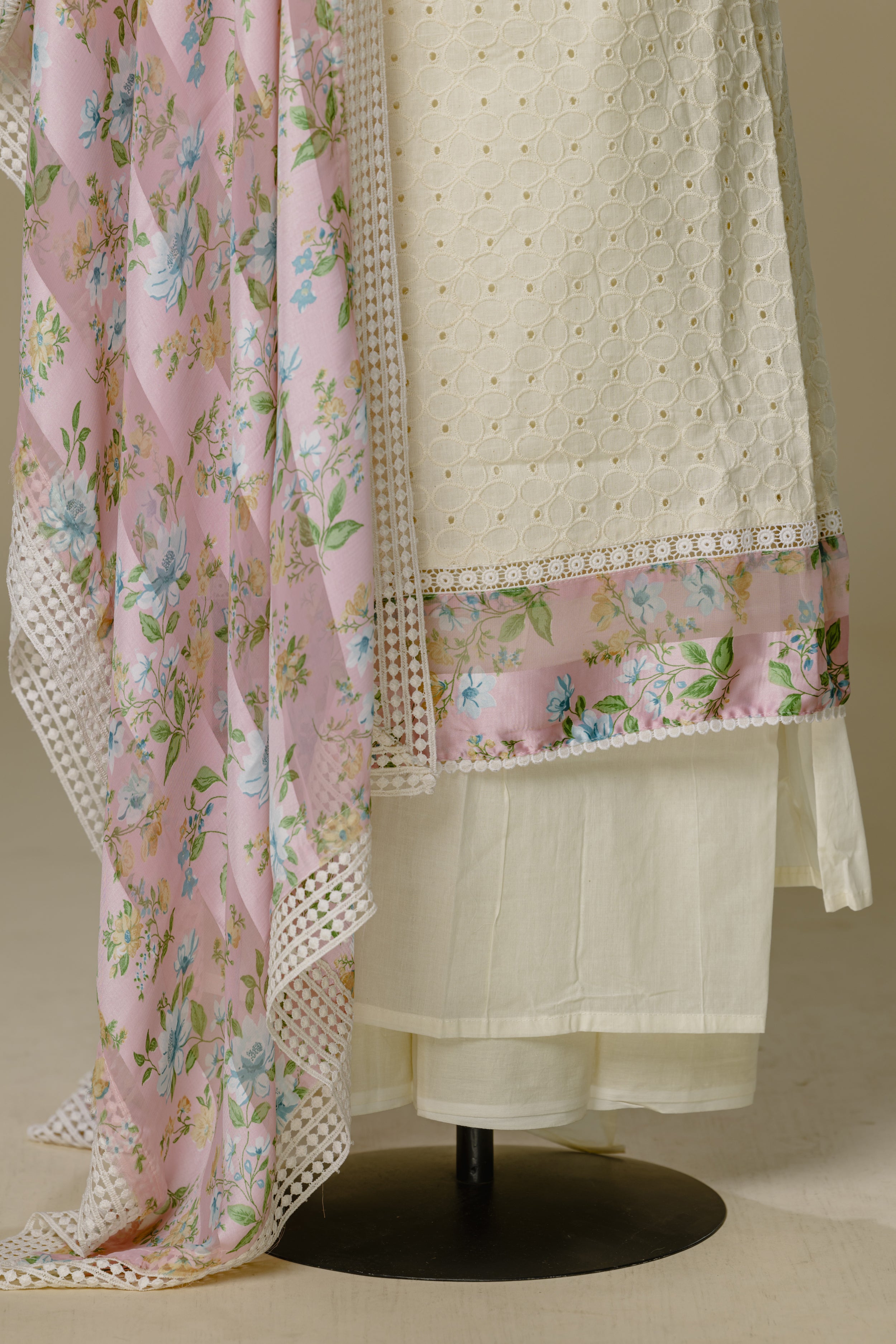 Beige Shifli Suit Set with Pink Dupatta