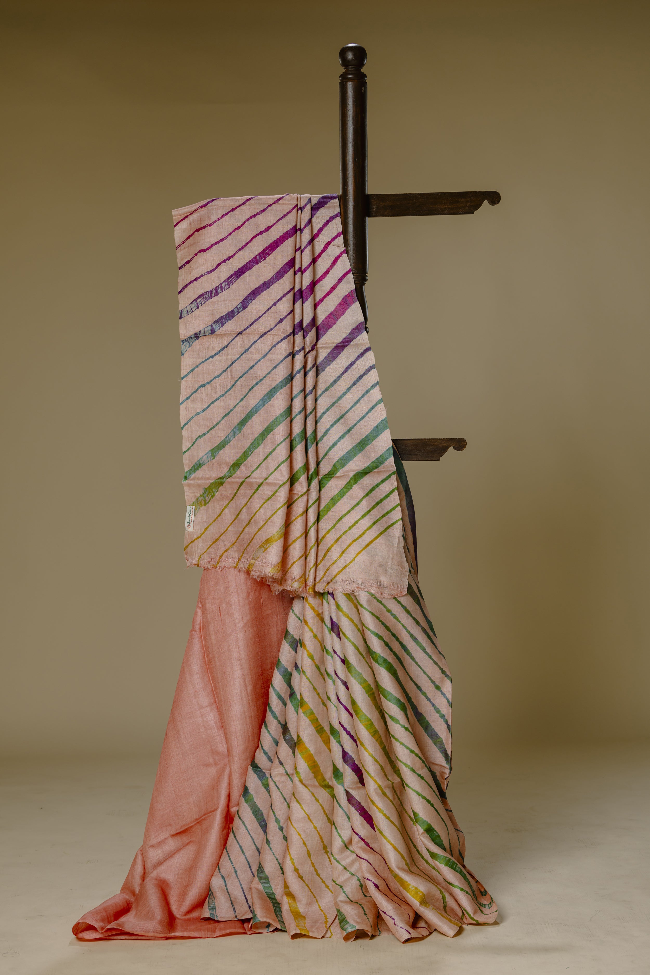 Light Peach Tusser Silk Leharia Saree