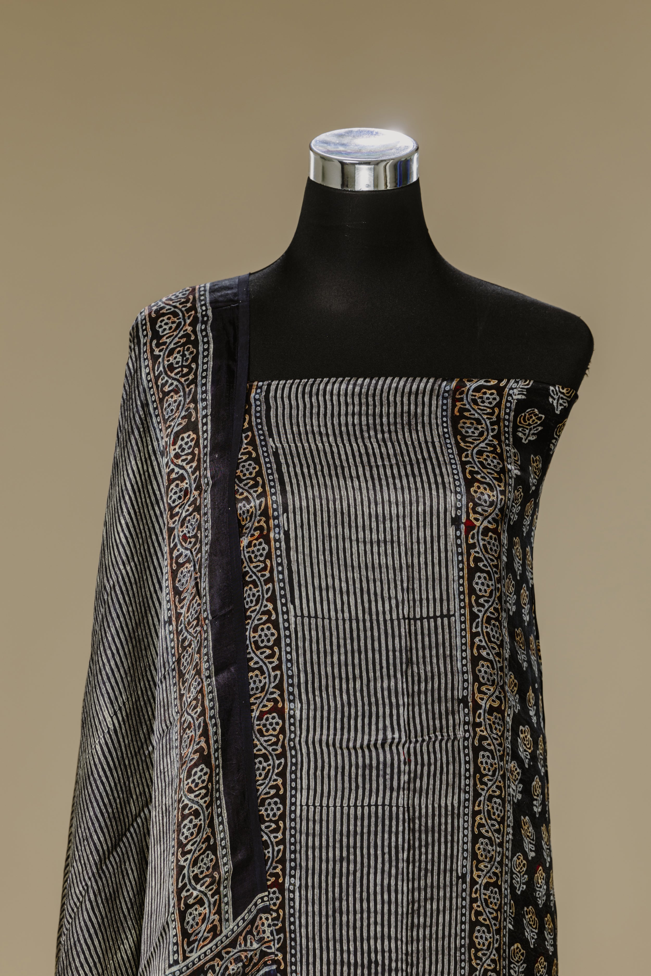 Hand-Block Printed Black Ajrakh Suit Set