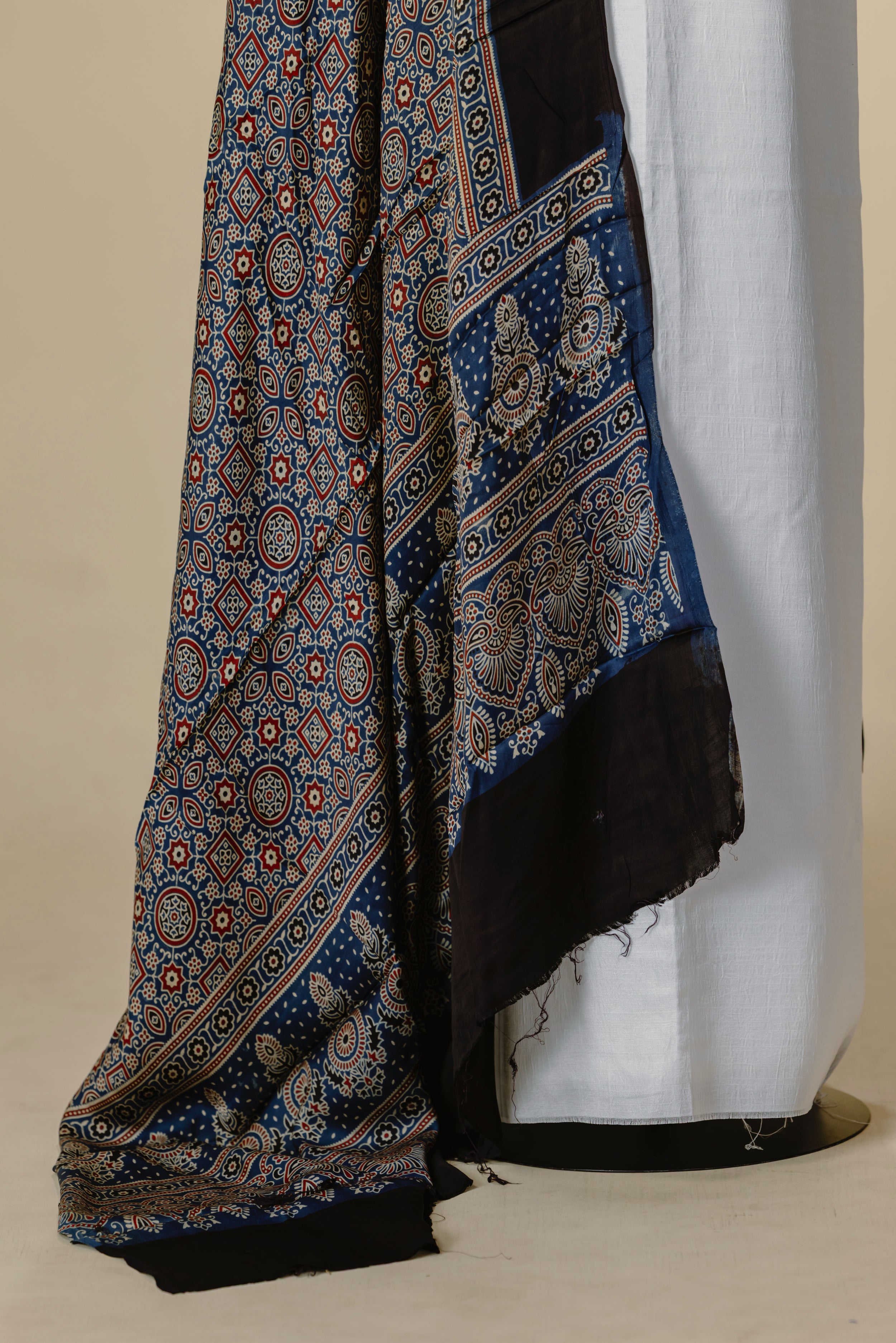 White Raw Silk Top with Black Ajrakh Dupatta