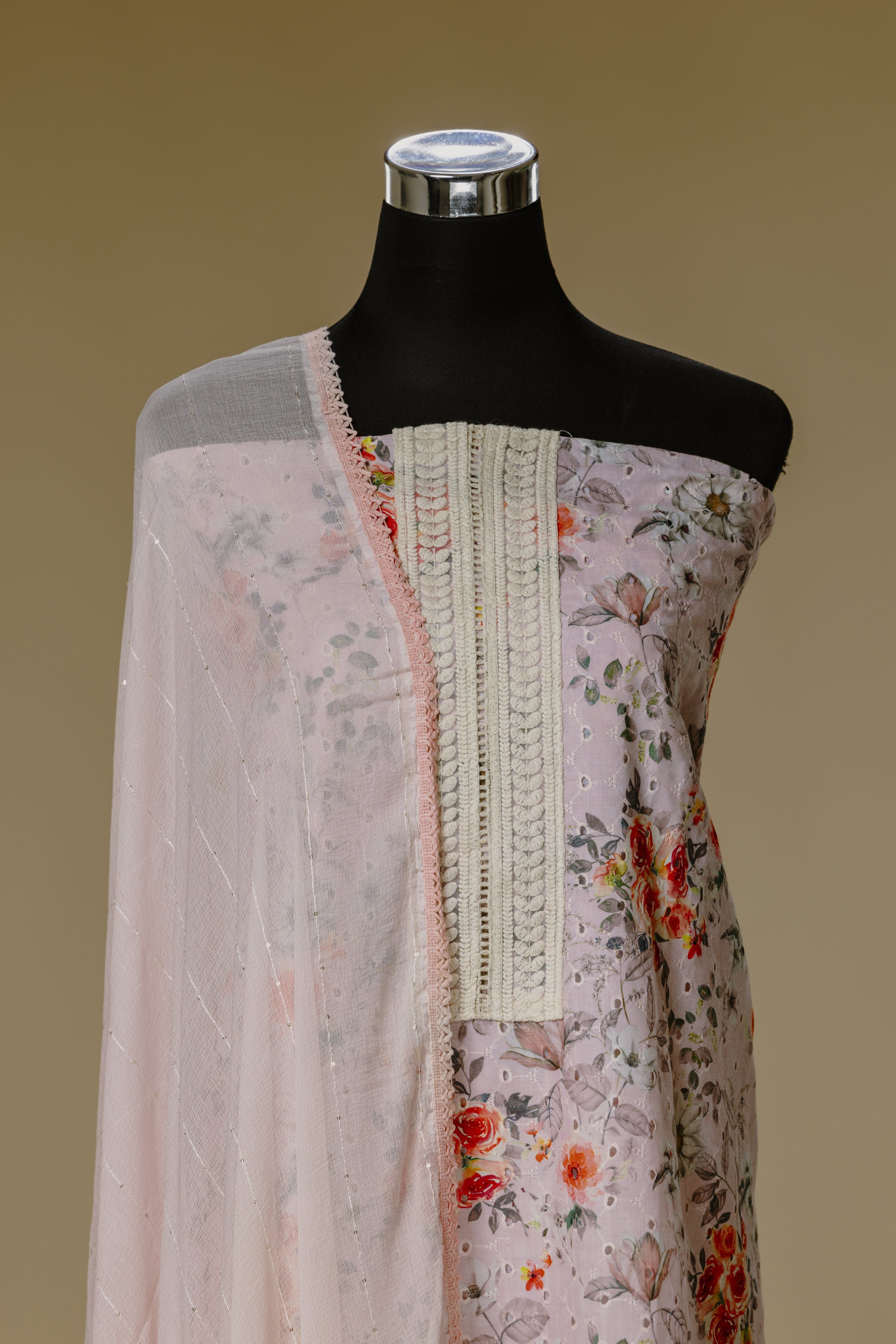 Light Pink Shifli Suit Set with Chiffon Dupatta