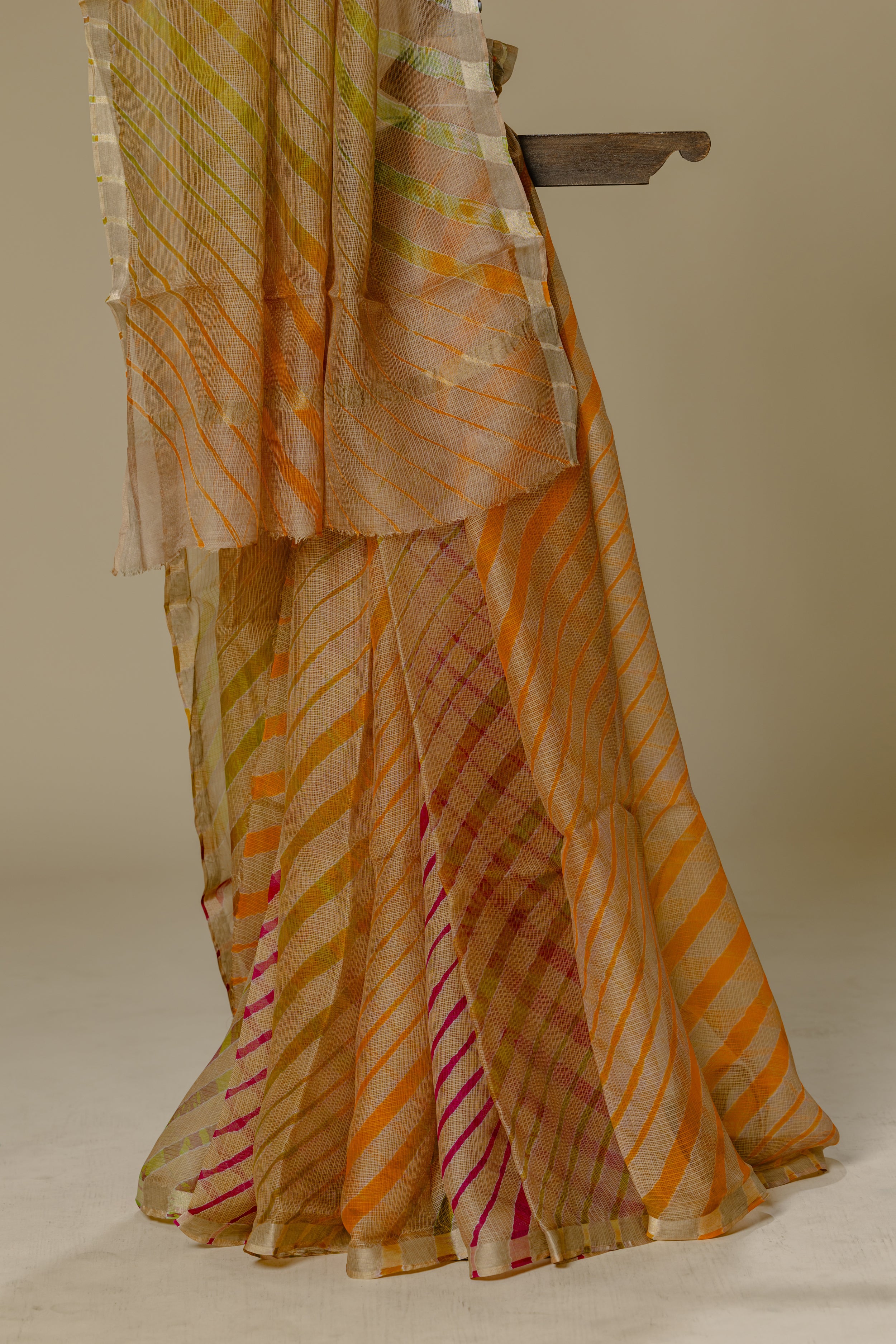 Chikoo Silk Leharia Saree with Golden Border
