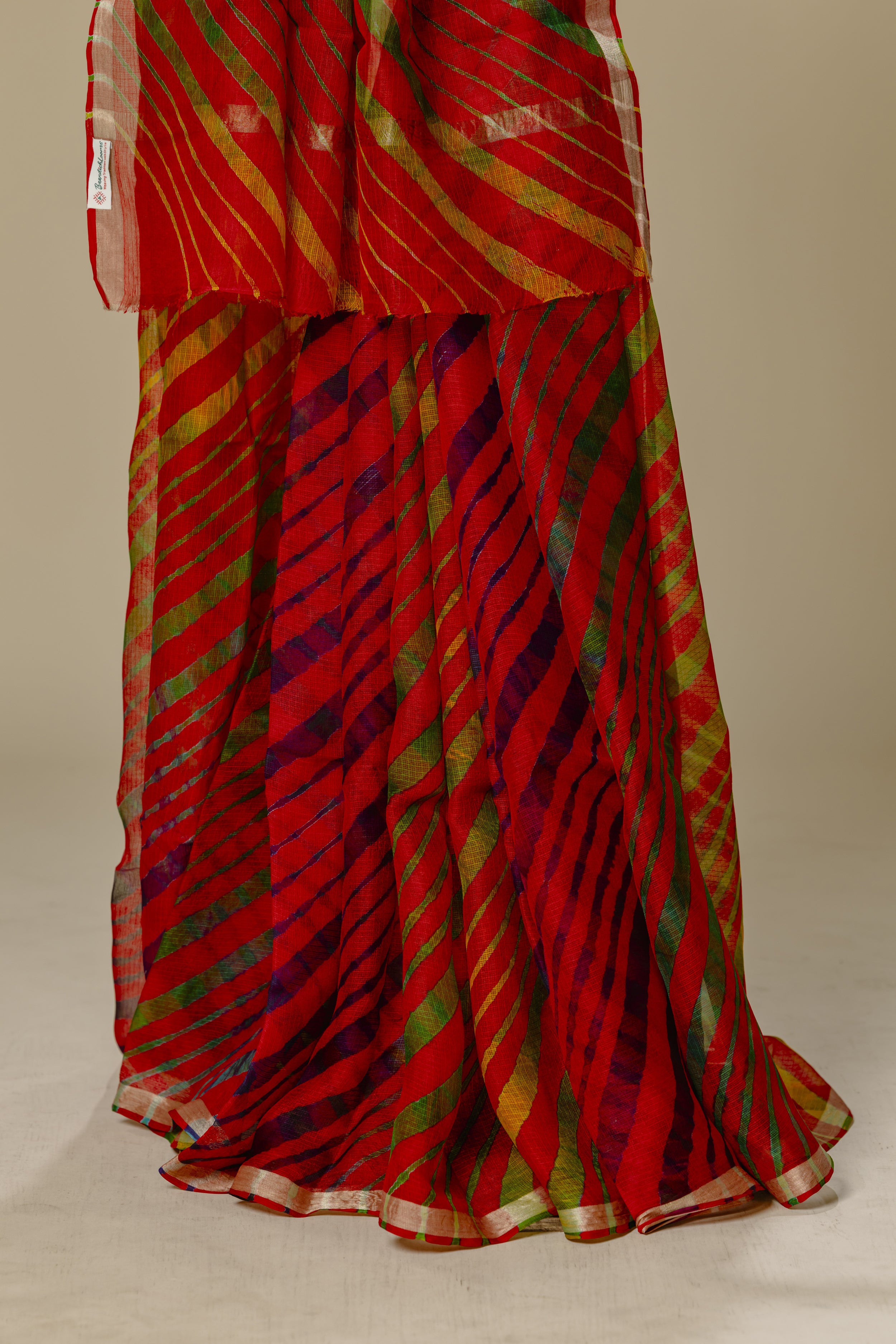 Red Leharia Kota Doria Silk Saree with Golden Border
