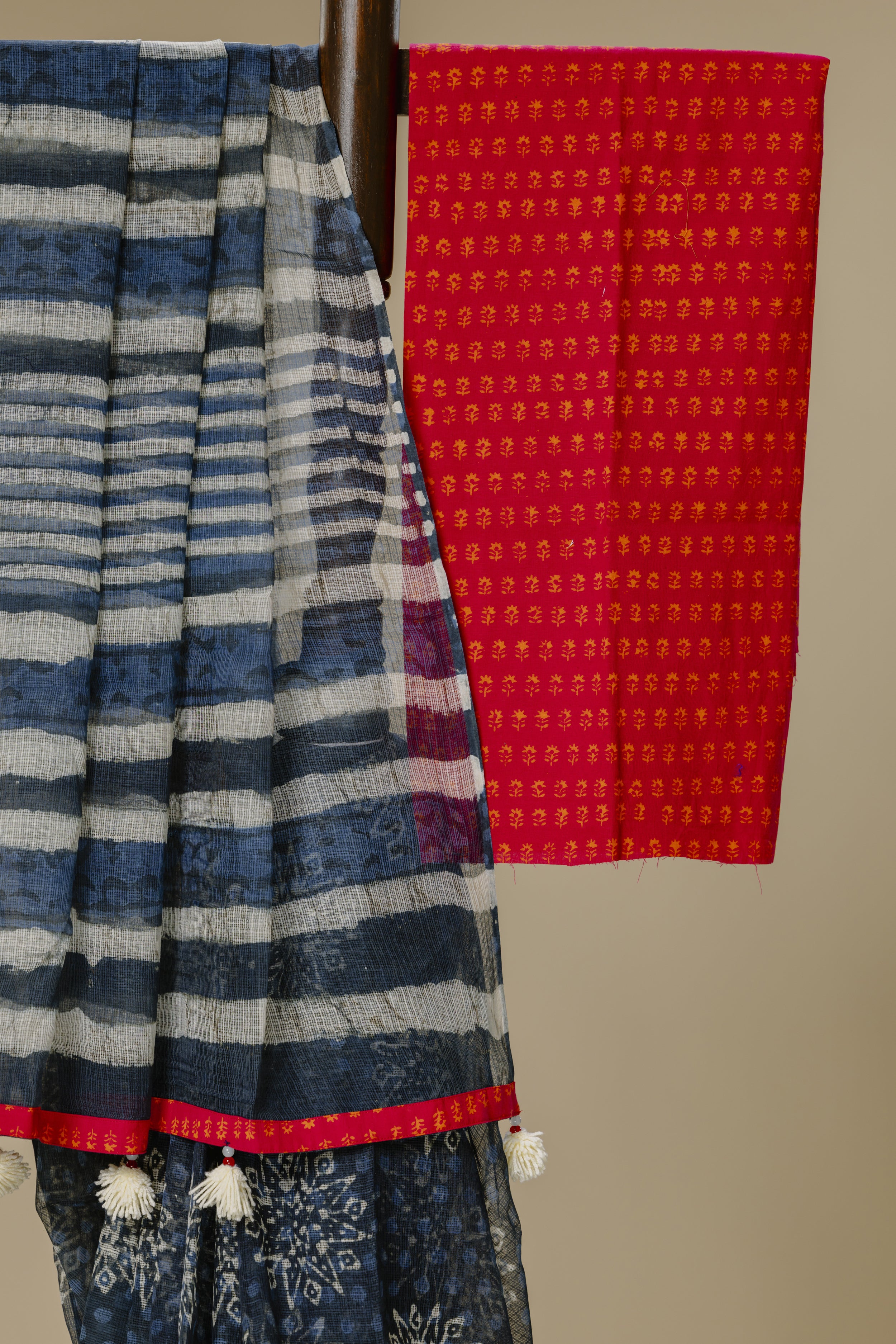 Indigo Kota Doria Saree with Rani Pink Blouse