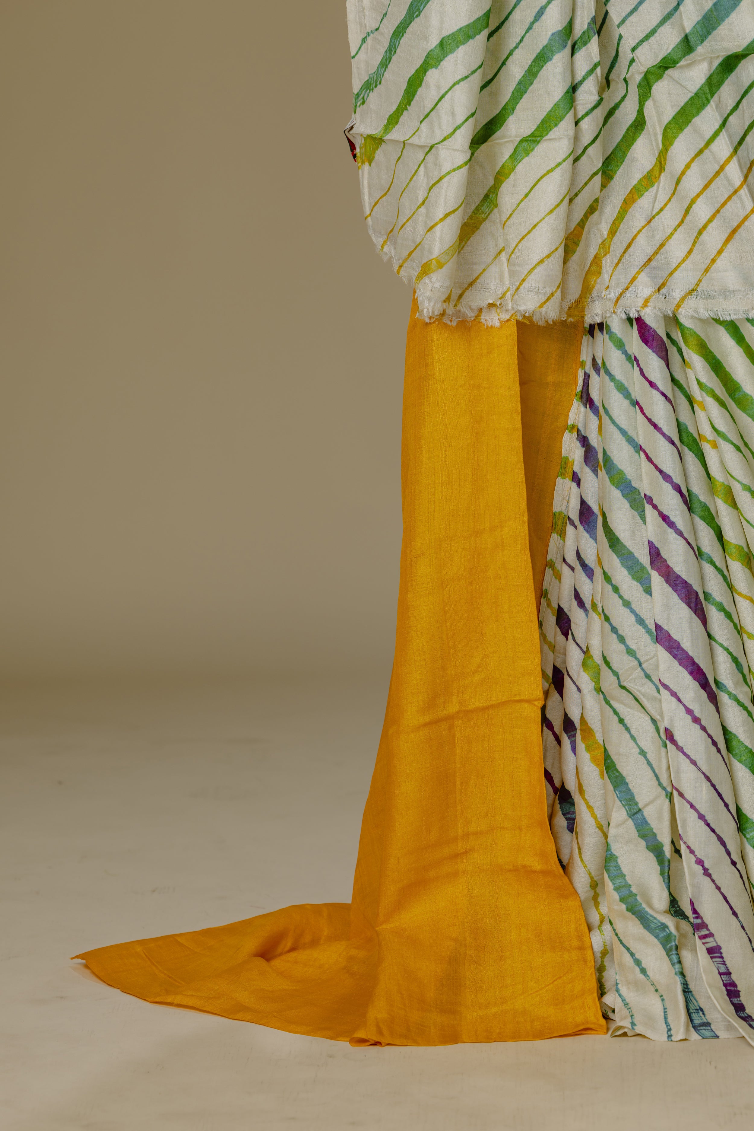 White Leharia Silk Saree with Yellow Blouse
