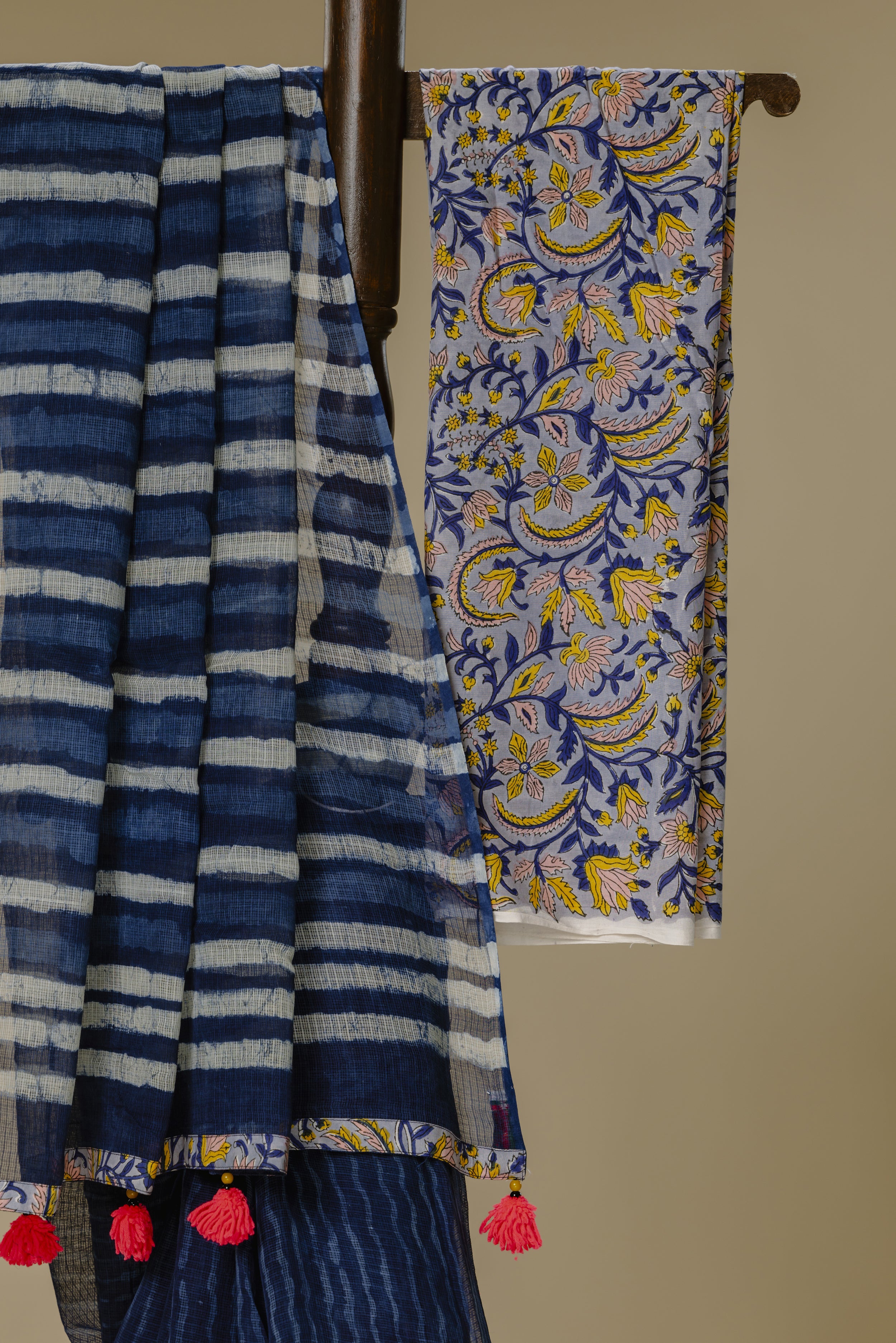 Indigo Kota Doria Saree with Grey Blouse