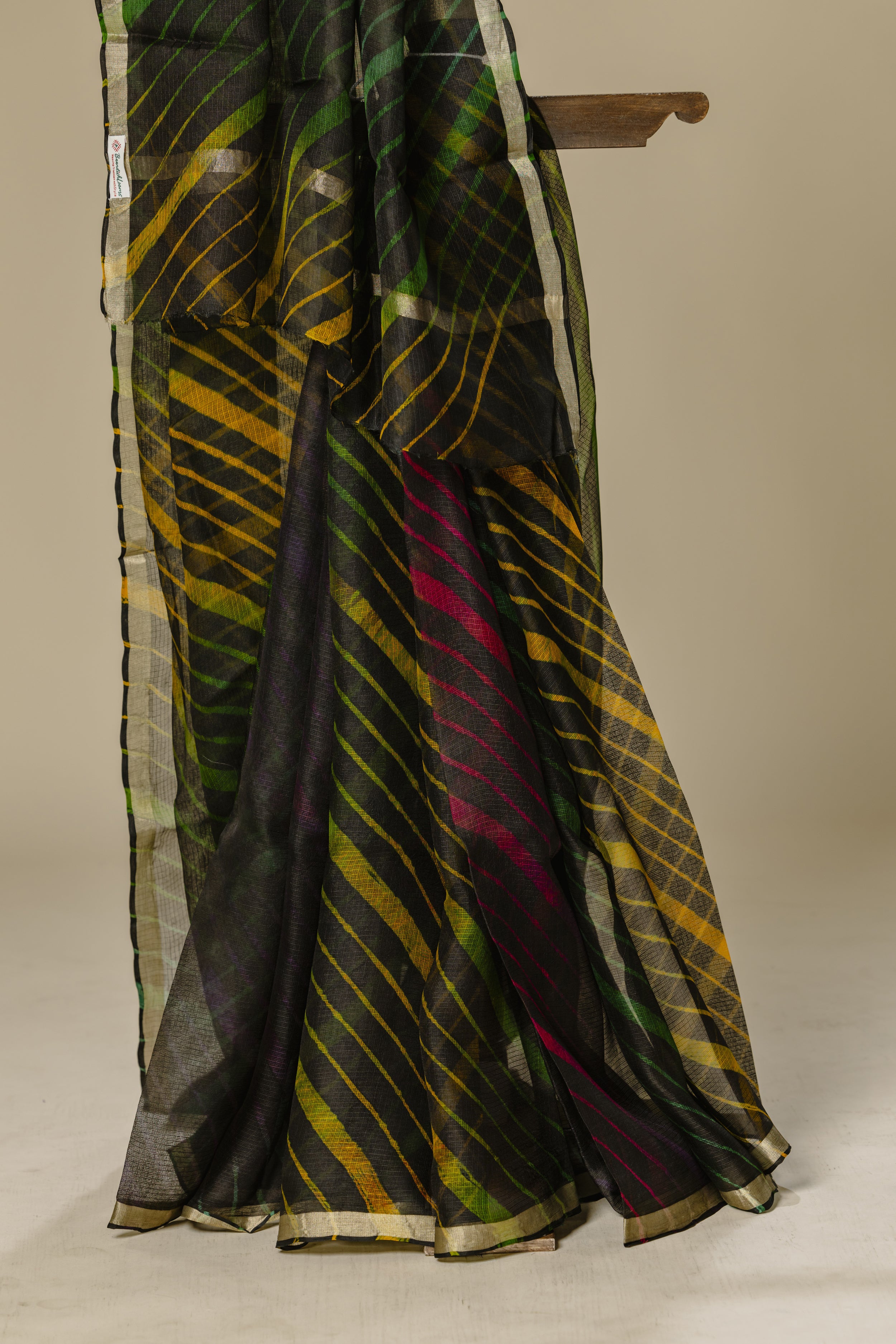 Black Leharia Kota Doria Silk Saree with Golden Border