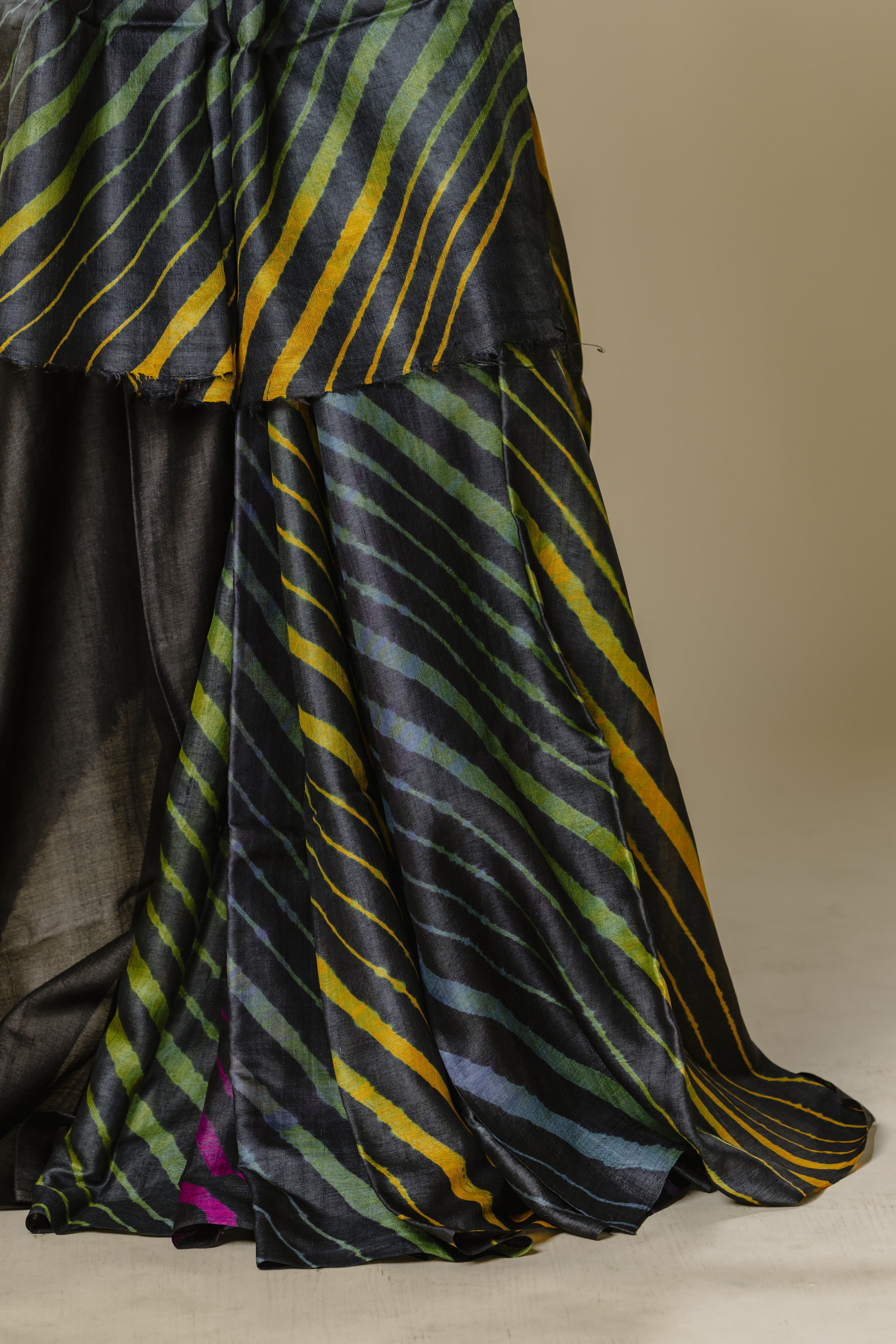 Black Tusser Silk Leharia Saree with Black Blouse