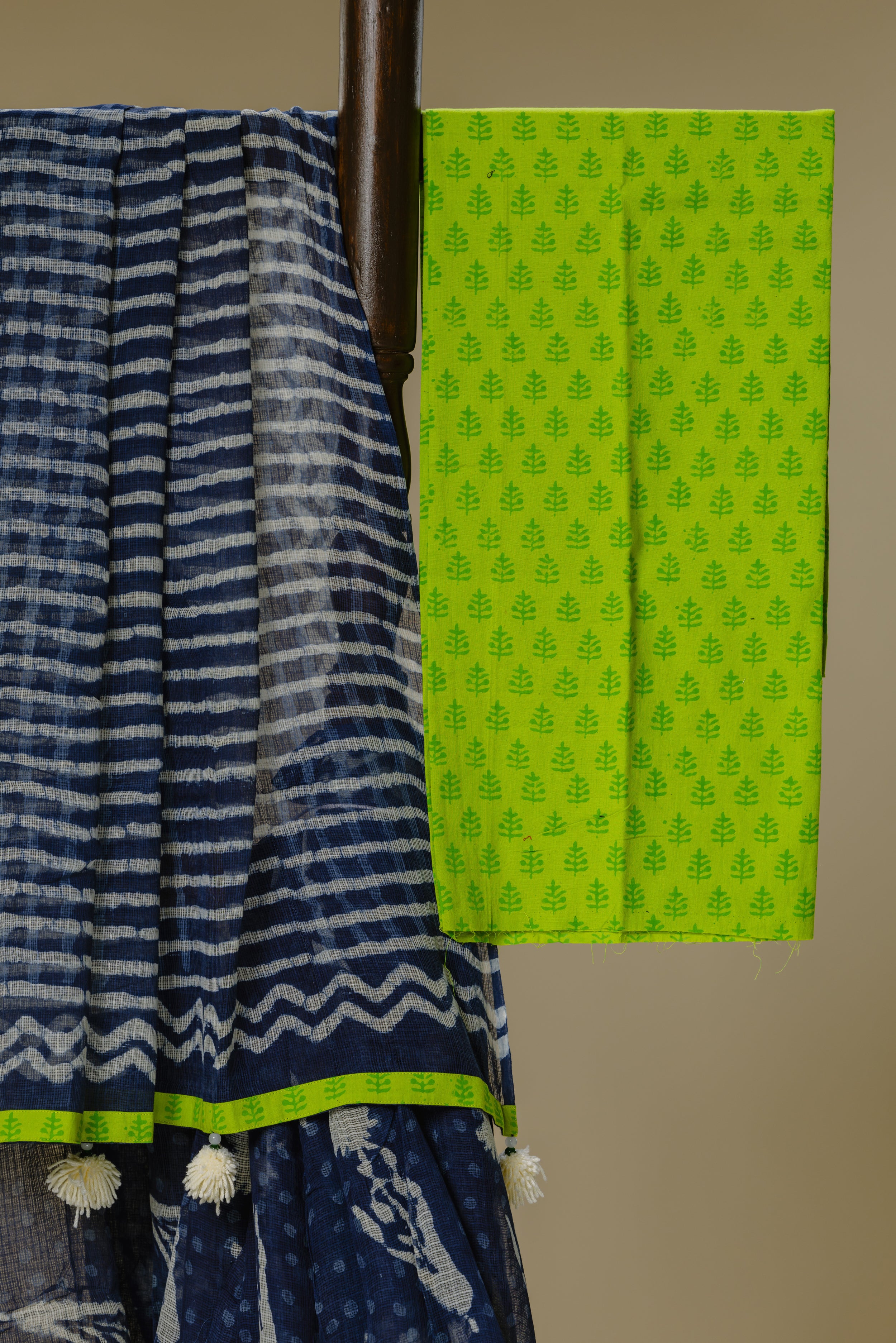 Handwoven Indigo Saree with Green Blouse & Tassels
