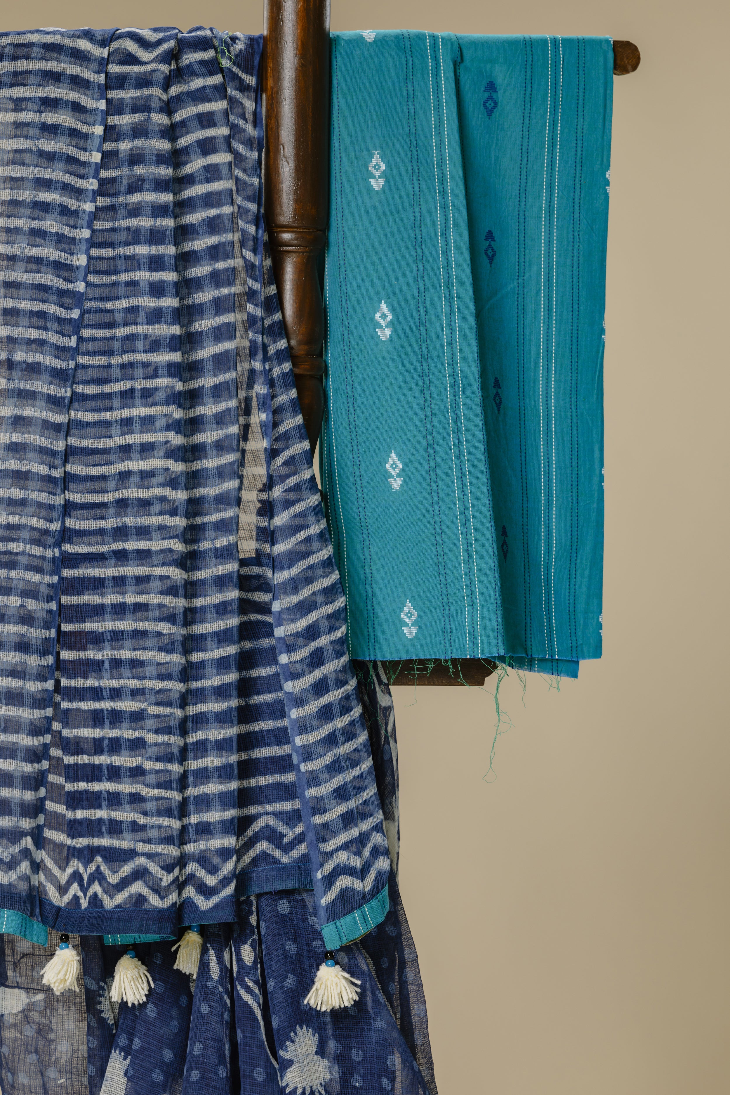 Indigo Kota Doria Saree with Teal Blouse