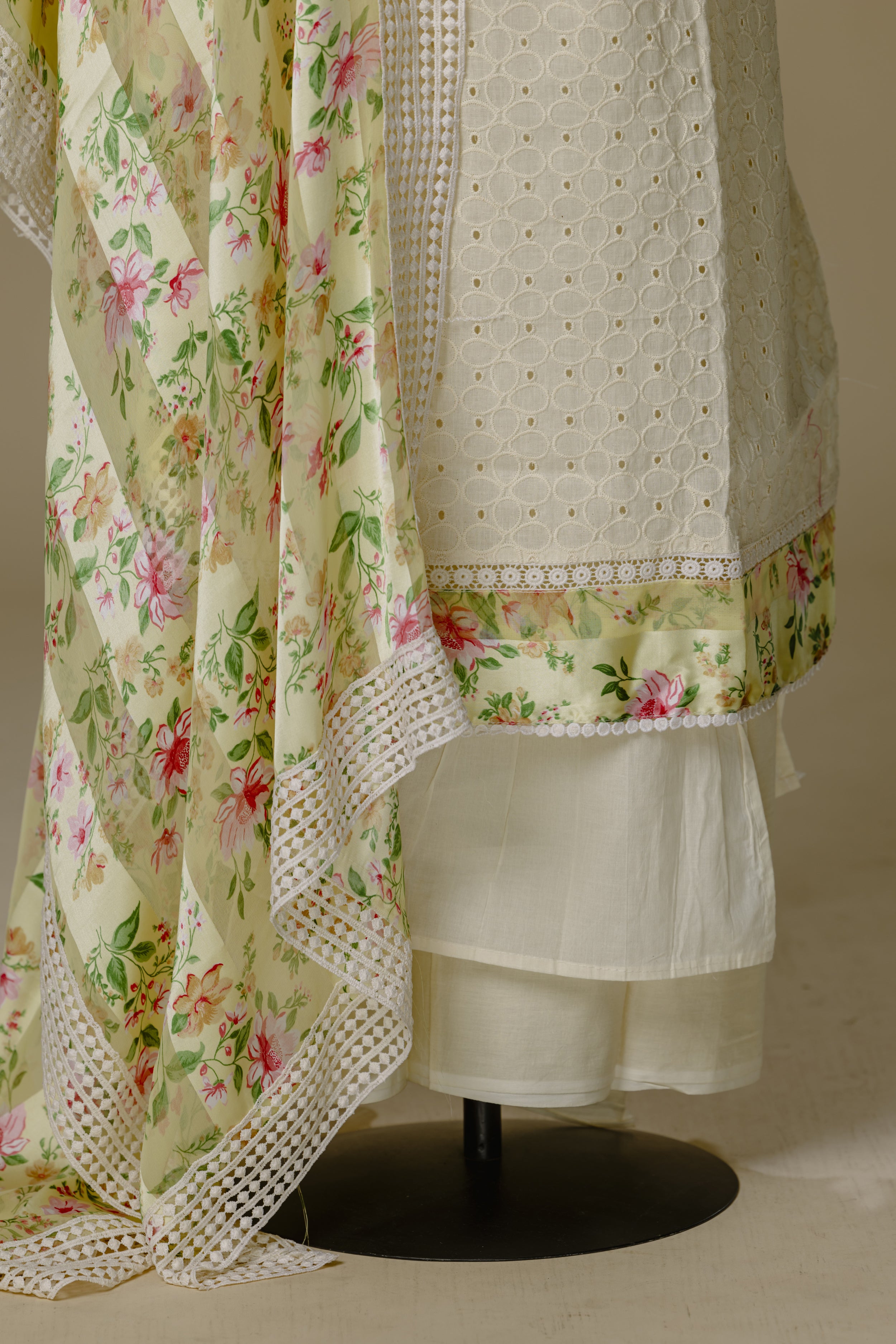 Beige Shifli Suit with Yellow Dupatta