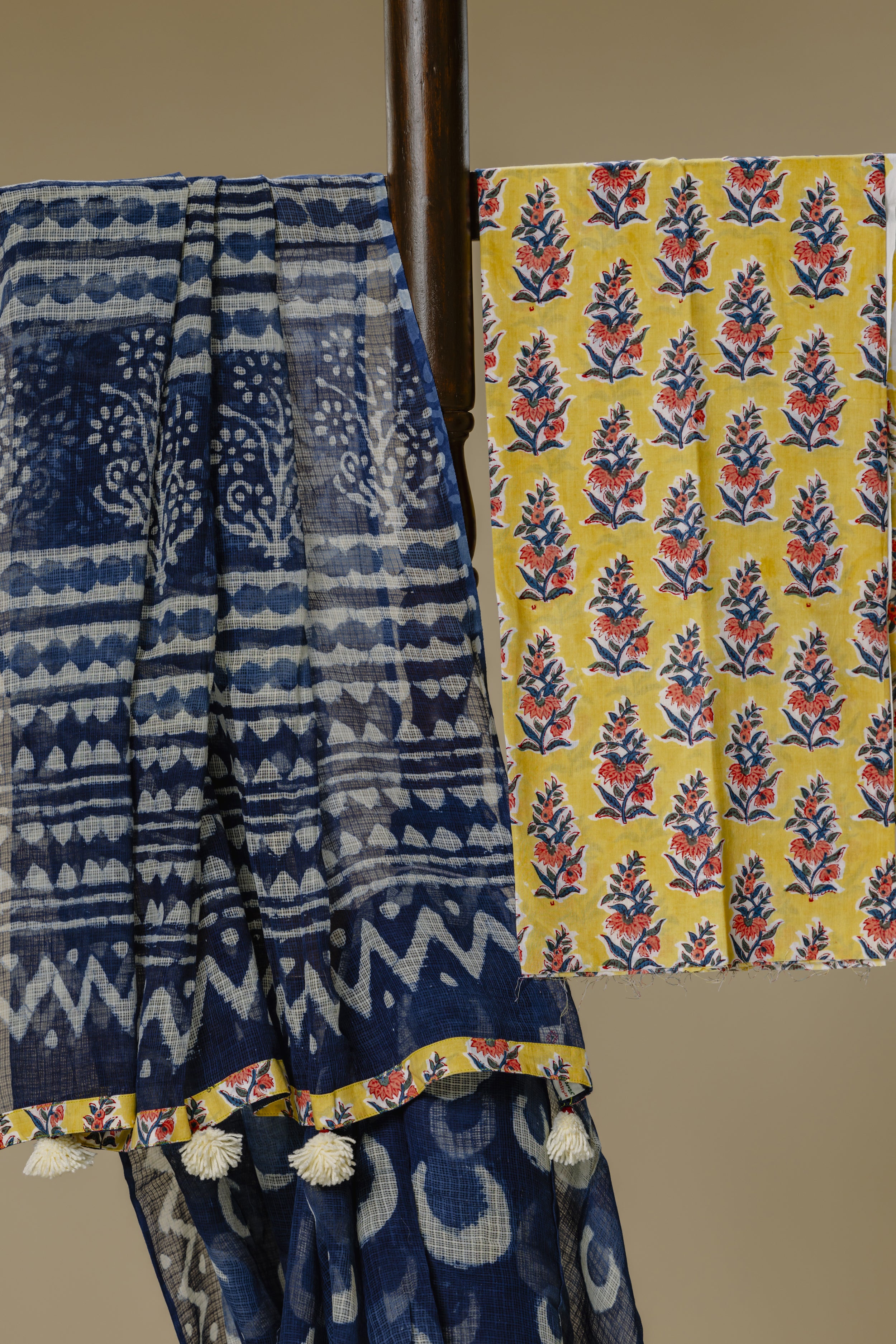 Indigo Kota Doria Saree with Light Yellow Blouse