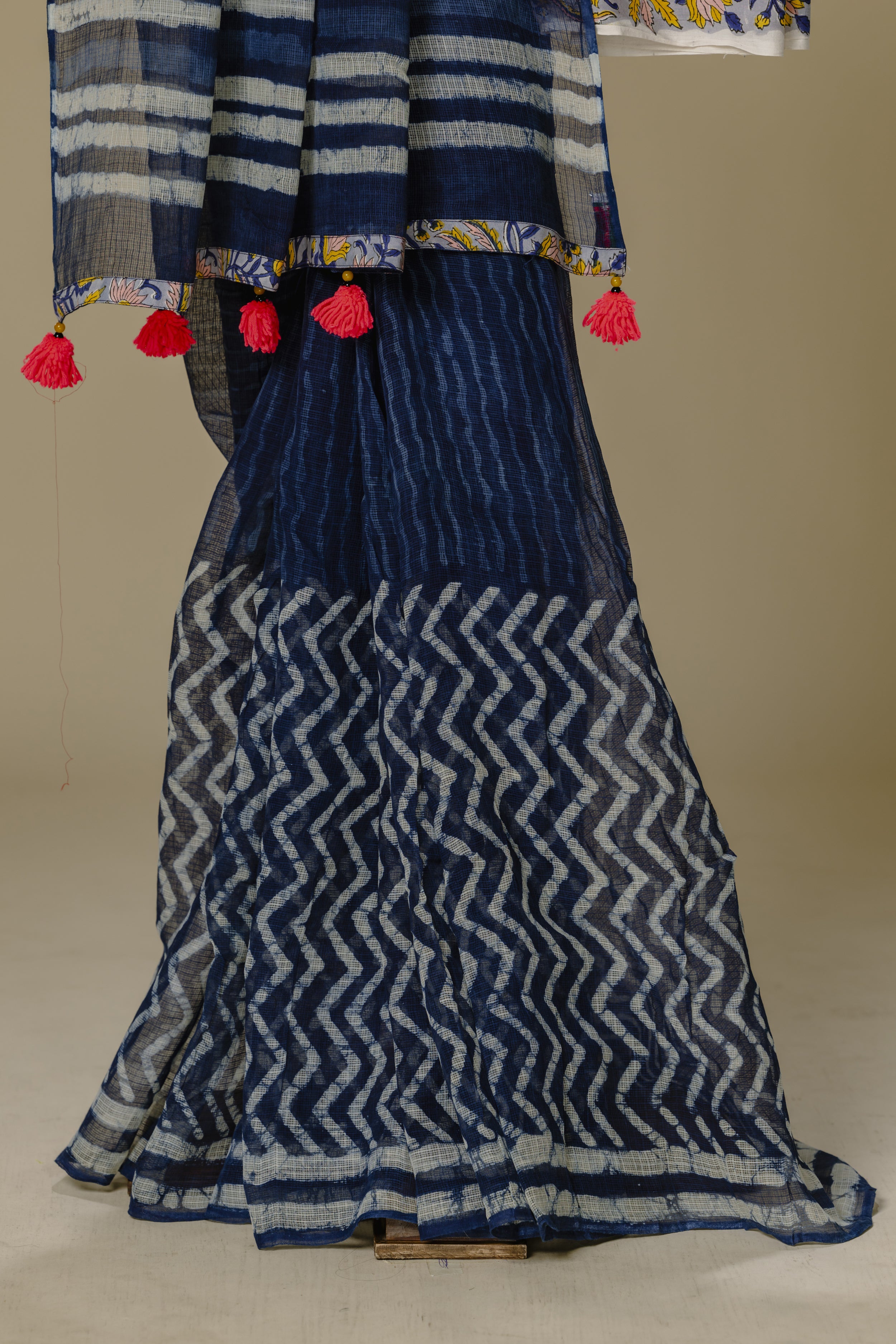 Indigo Kota Doria Saree with Grey Blouse