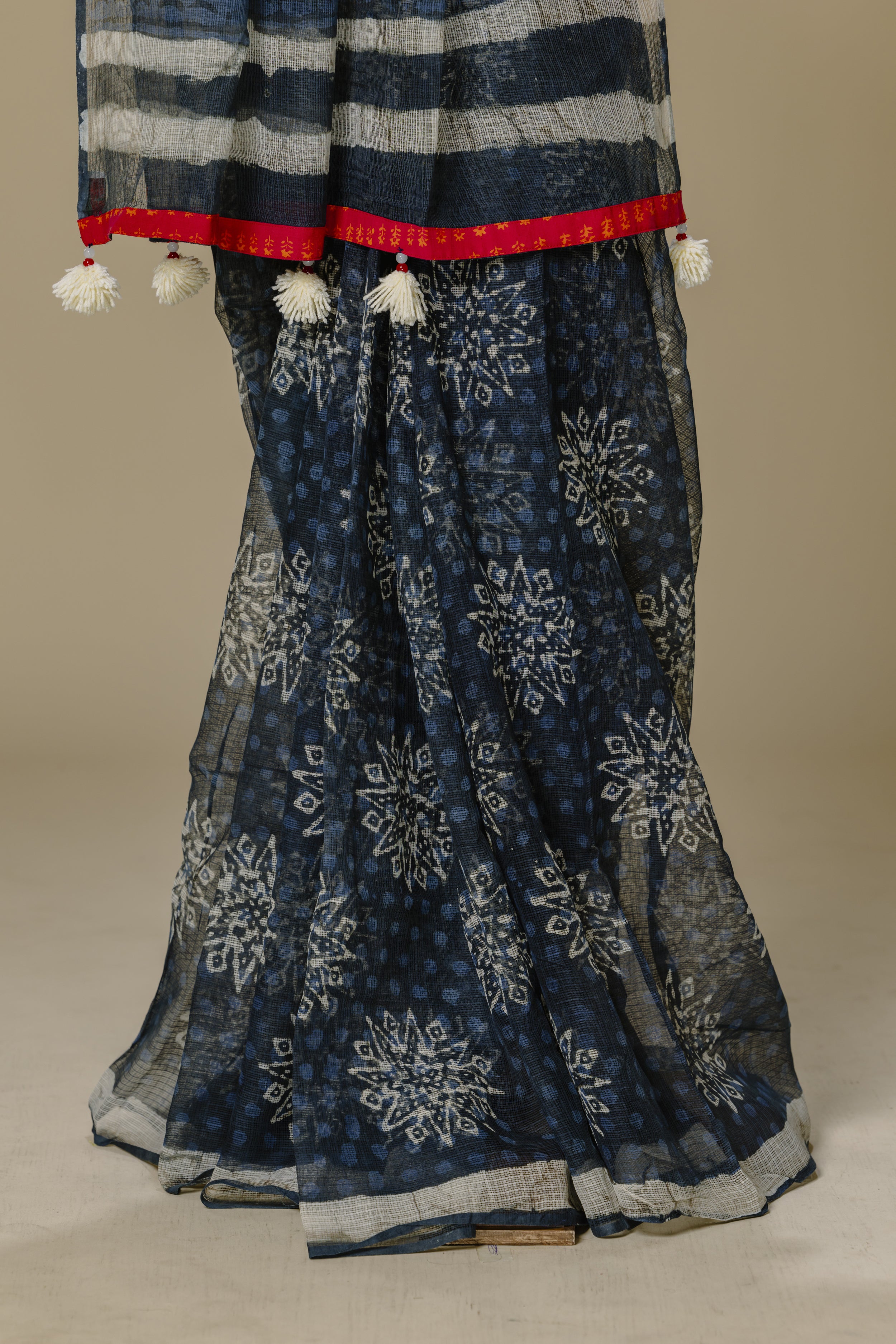 Indigo Kota Doria Saree with Rani Pink Blouse
