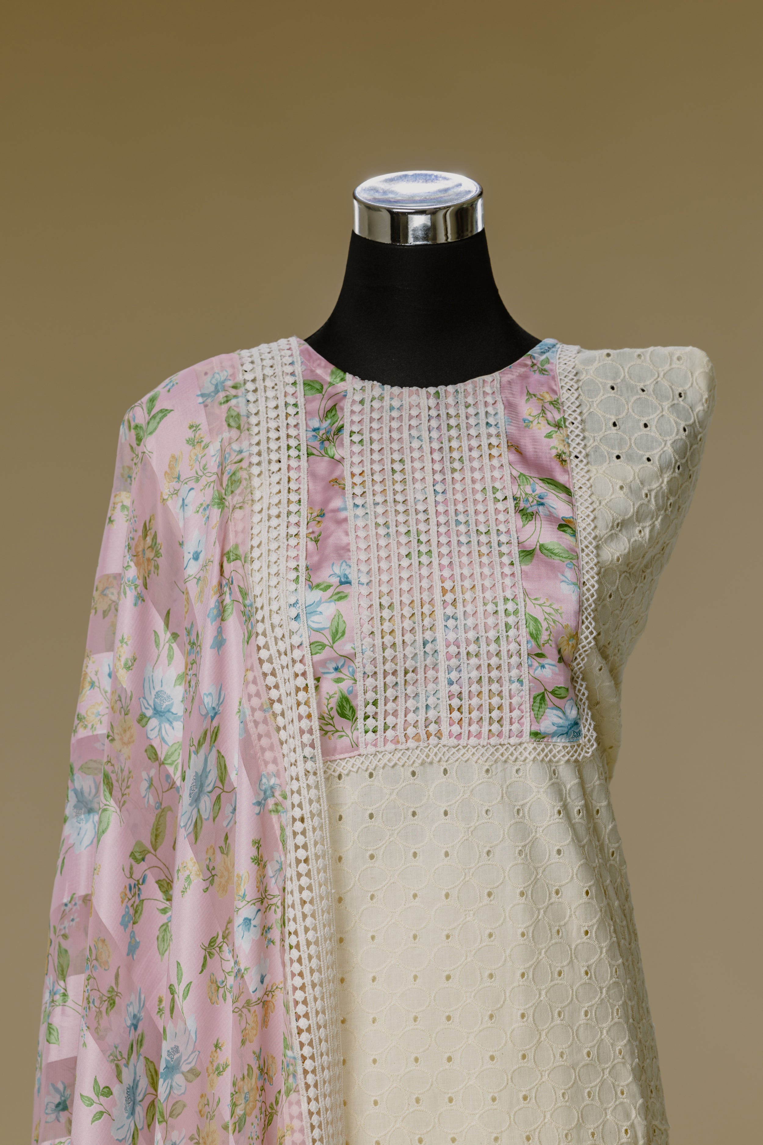 Beige Shifli Suit Set with Pink Dupatta