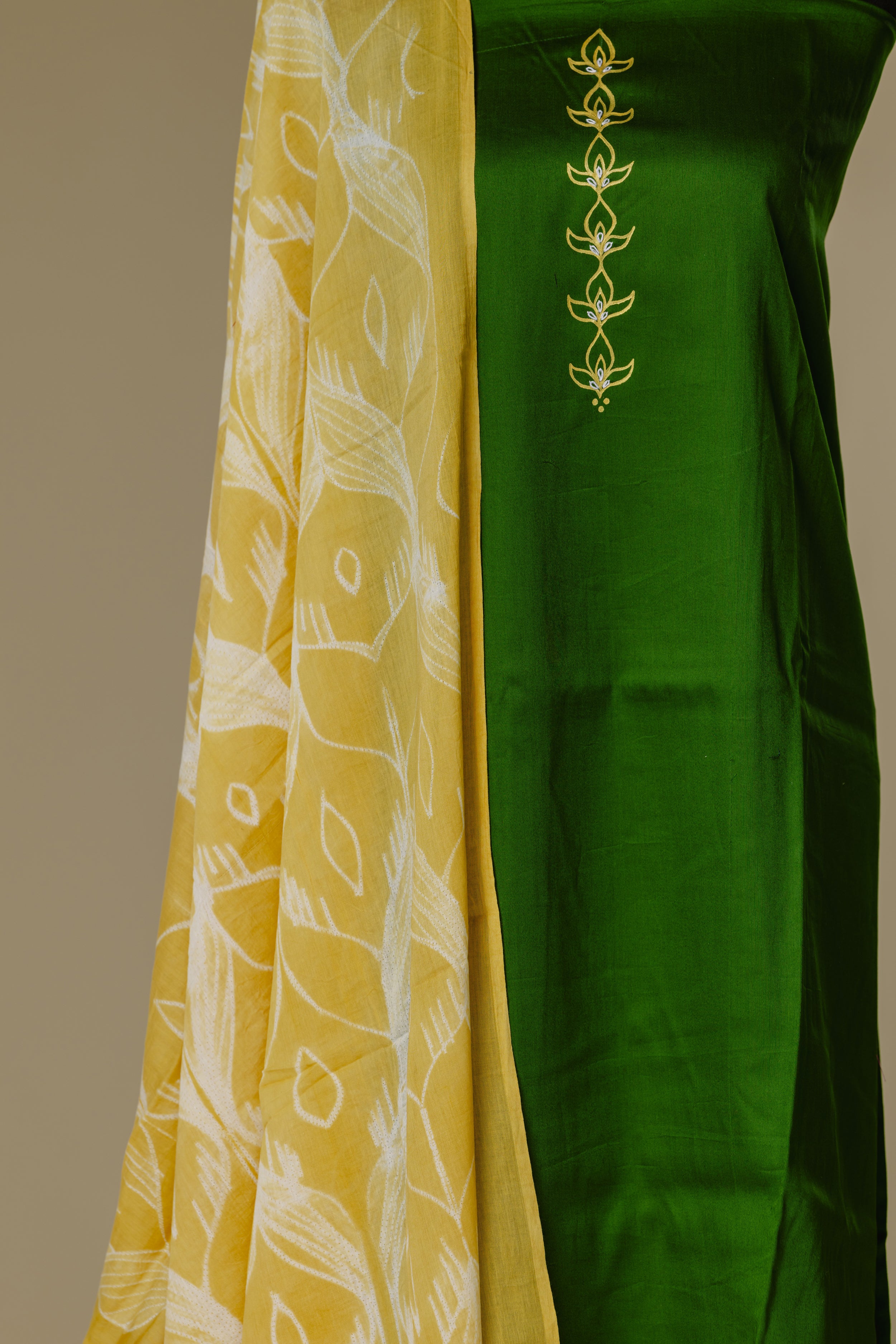Military Green Hand-Painted Top with Yellow Shibori Dupatta