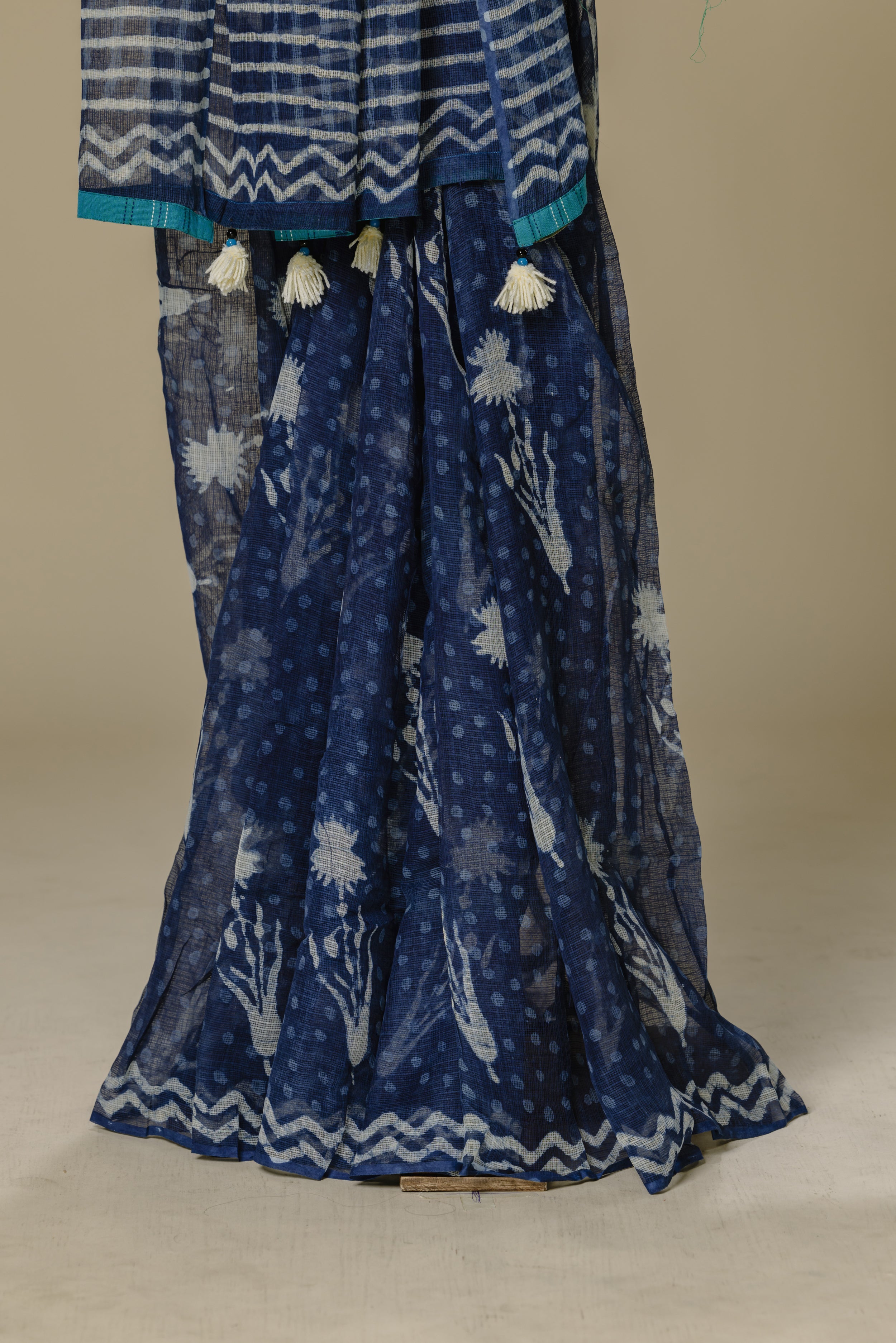Indigo Kota Doria Saree with Teal Blouse