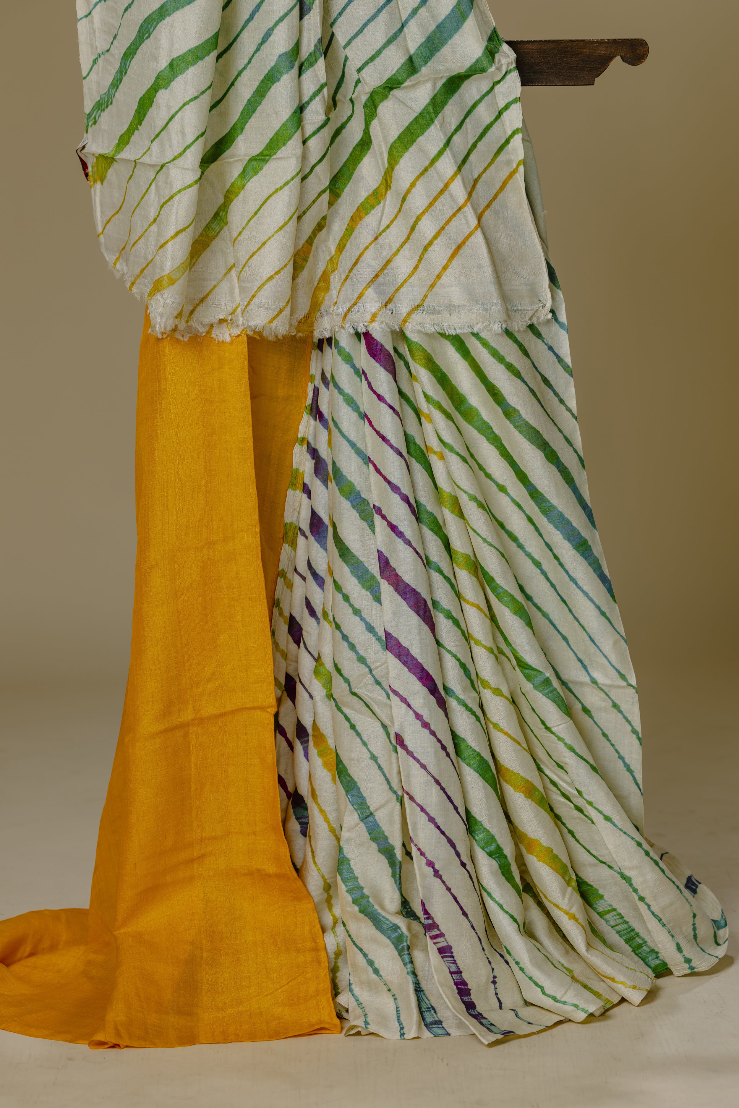 White Leharia Silk Saree with Yellow Blouse