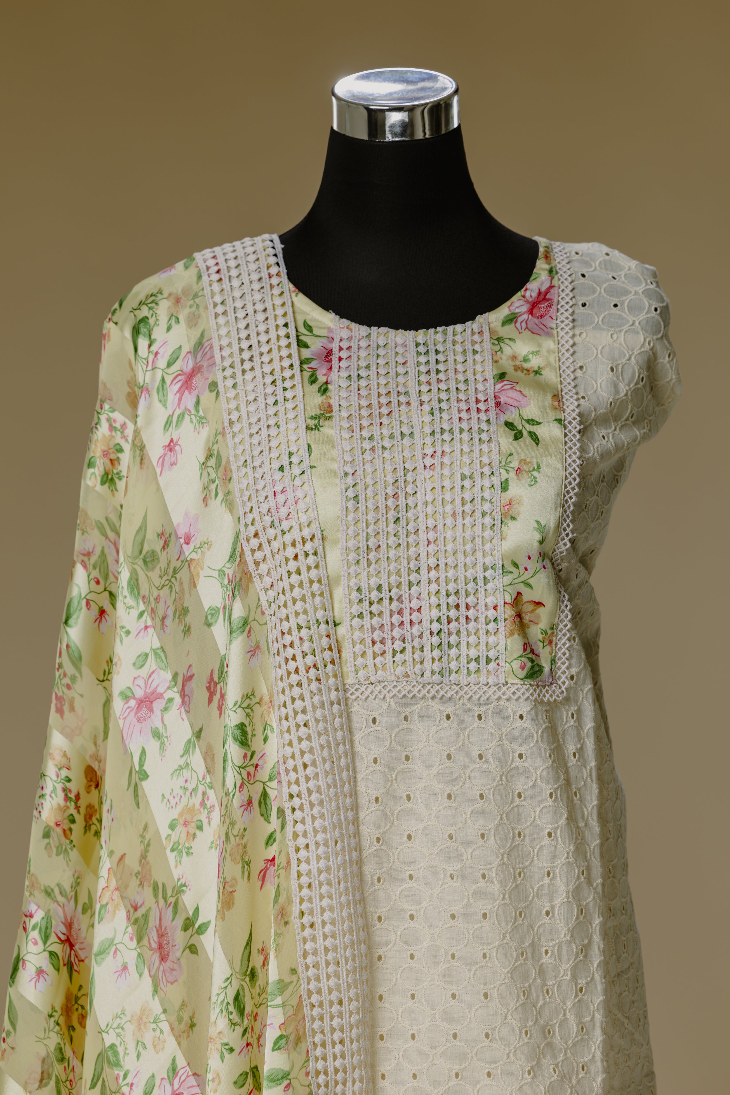 Beige Shifli Suit with Yellow Dupatta