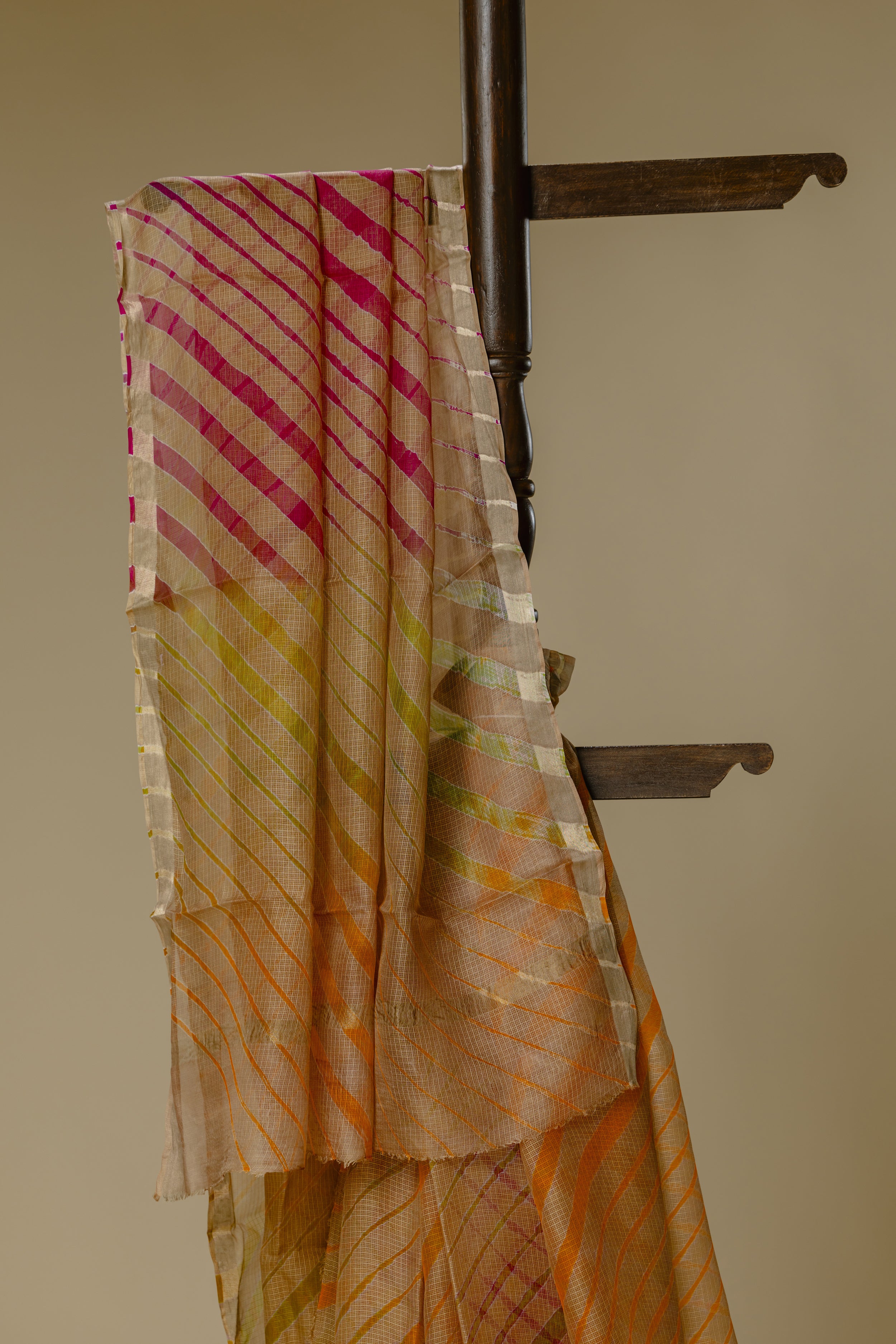 Chikoo Silk Leharia Saree with Golden Border