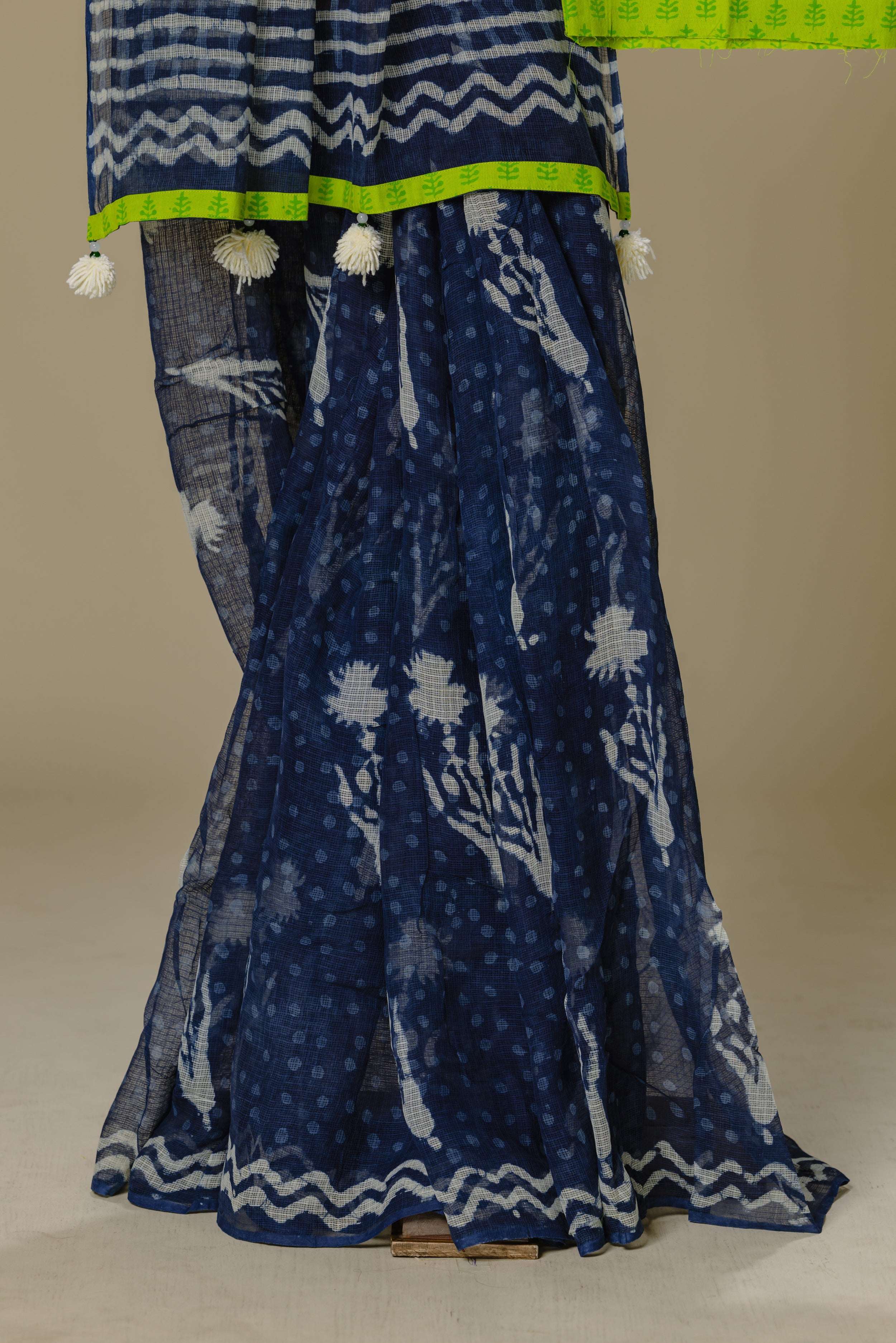 Handwoven Indigo Saree with Green Blouse & Tassels