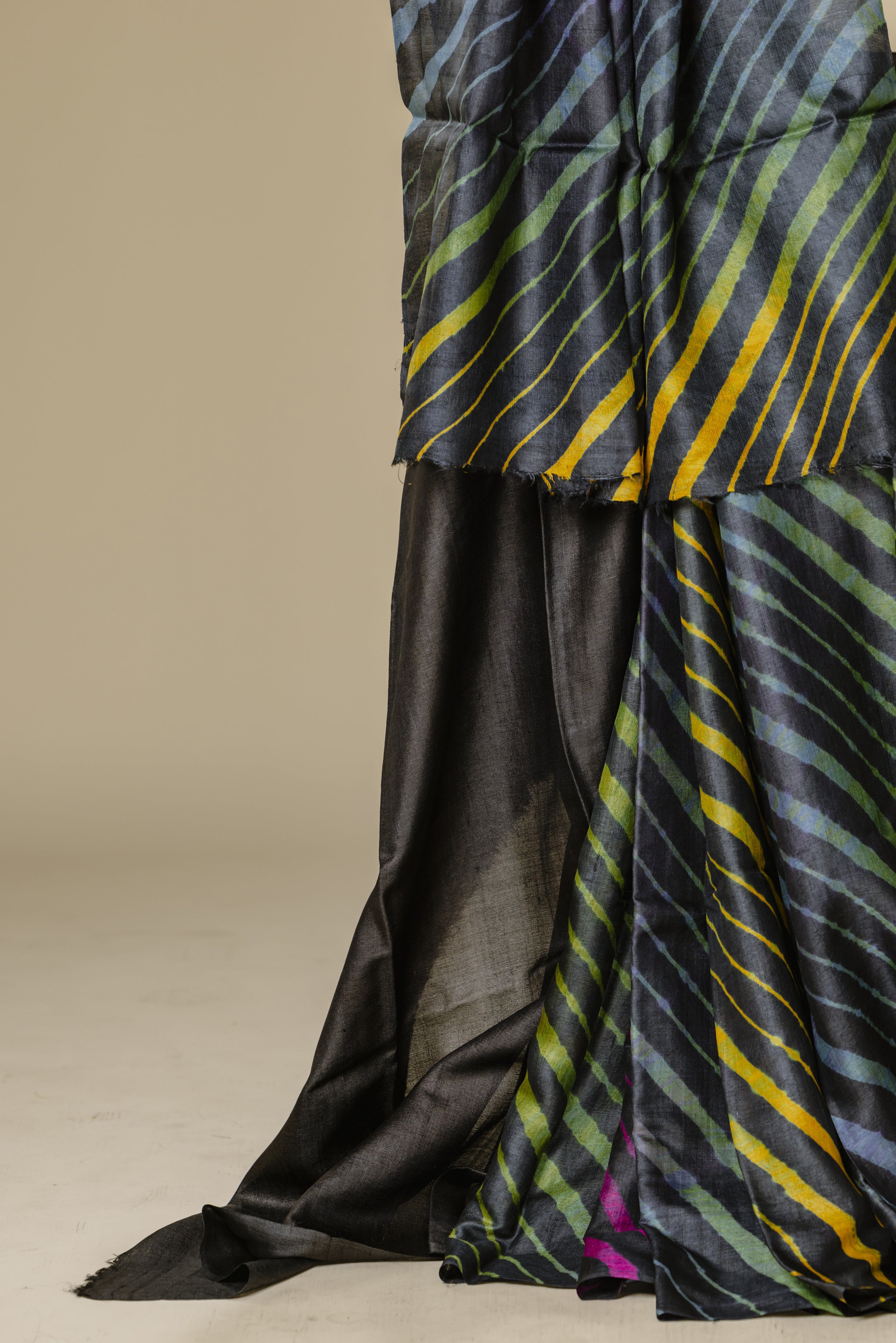 Black Tusser Silk Leharia Saree with Black Blouse