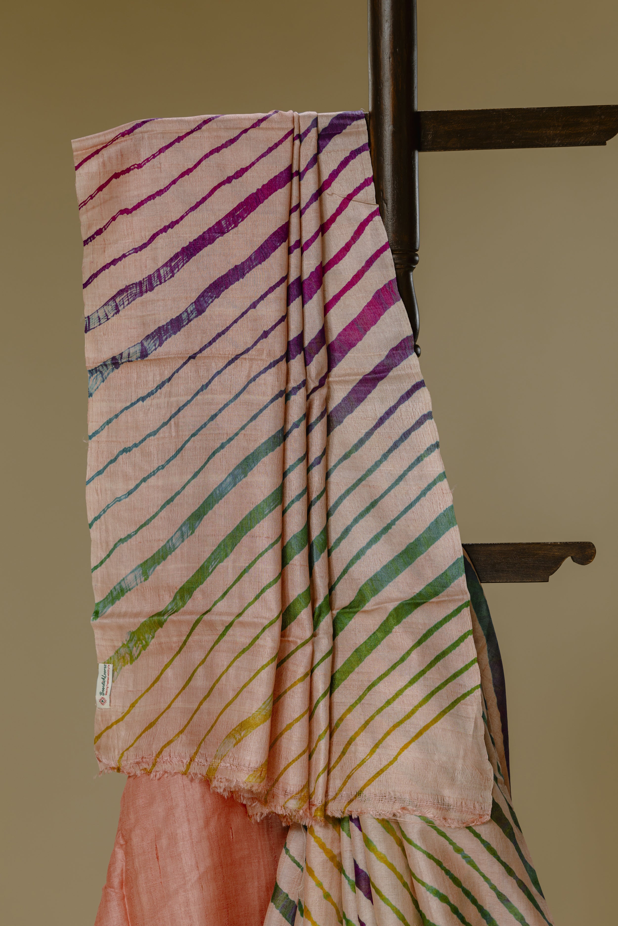 Light Peach Tusser Silk Leharia Saree